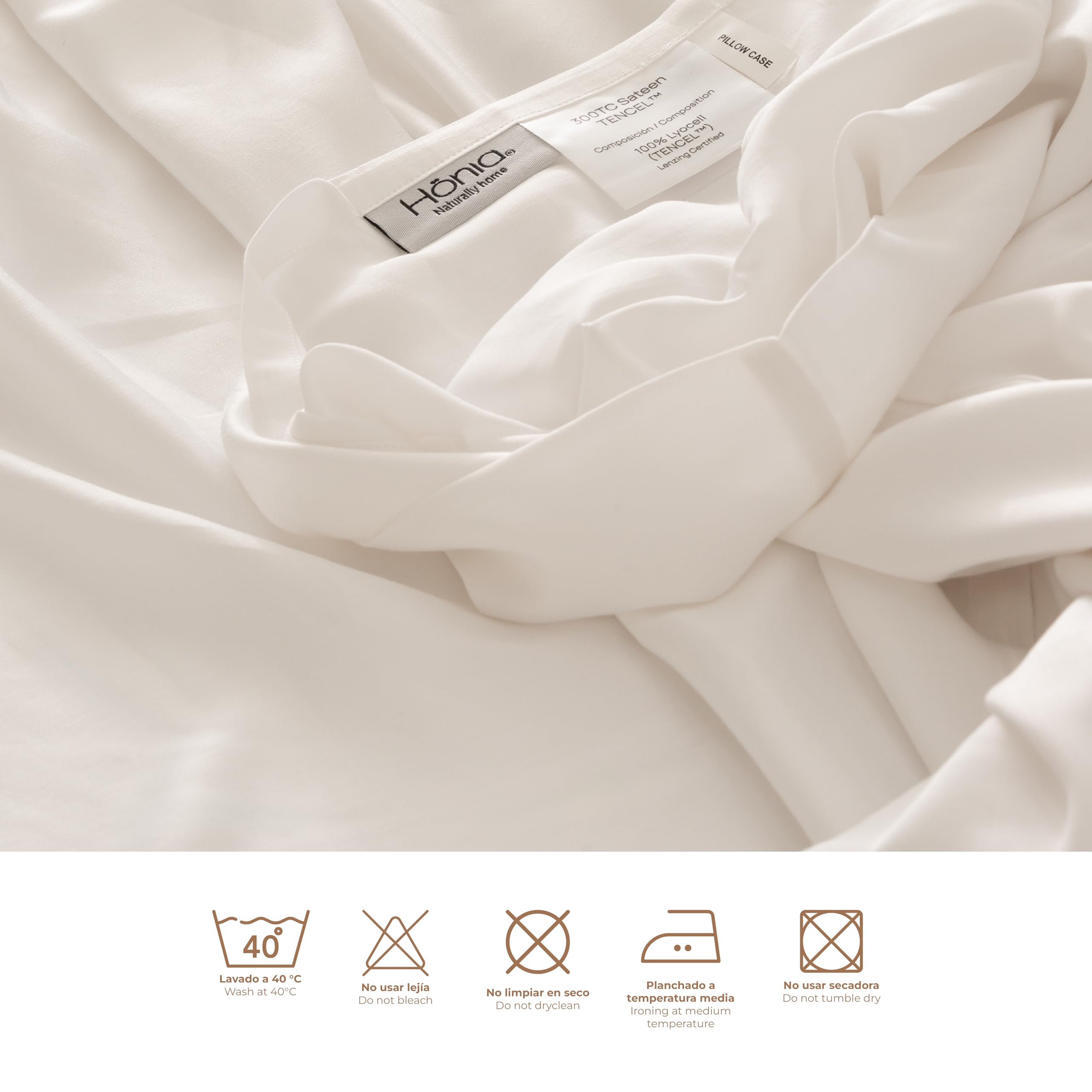Hönia Juego Sábanas 150x190/200 cm, TENCEL™ Lyocell Sateen 300TC, Blanco | Frescura y Suavidad Natural | Fibra de Eucalipto | 4 Piezas: Bajera Ajustable y 2 Fundas de Almohada