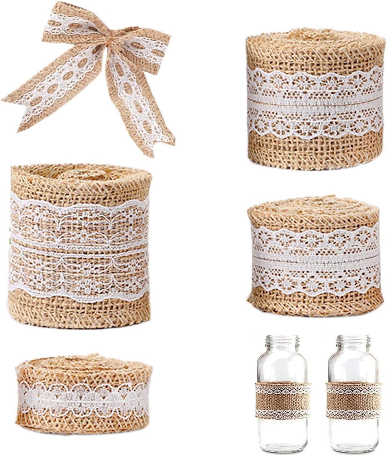 SYOSI Hessian Burlap Ribbon Roll With Lace Trim, 4 Rolls 2 Meter Jute Trim Craft Ribbon, Rustic Themed Tape for Gift Wrapping, Crafts, Wedding and Home Decorations