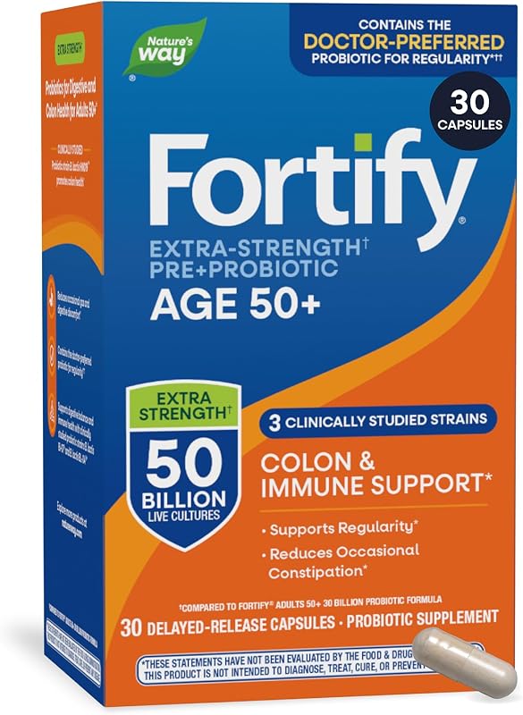 Nature's Way Fortify Extra Strength(1) Probiotic Adults 50+, 50 Billion Live Cultures, Prebiotics, Probiotics for Digestive Health*, Immune Support*, Colon Health*, 30 Capsules | 50 Billion Live Cultures; Daily Probiotic for Colon, Digestive, and Immune Health for Adults 50+*; No Refrigeration Needed