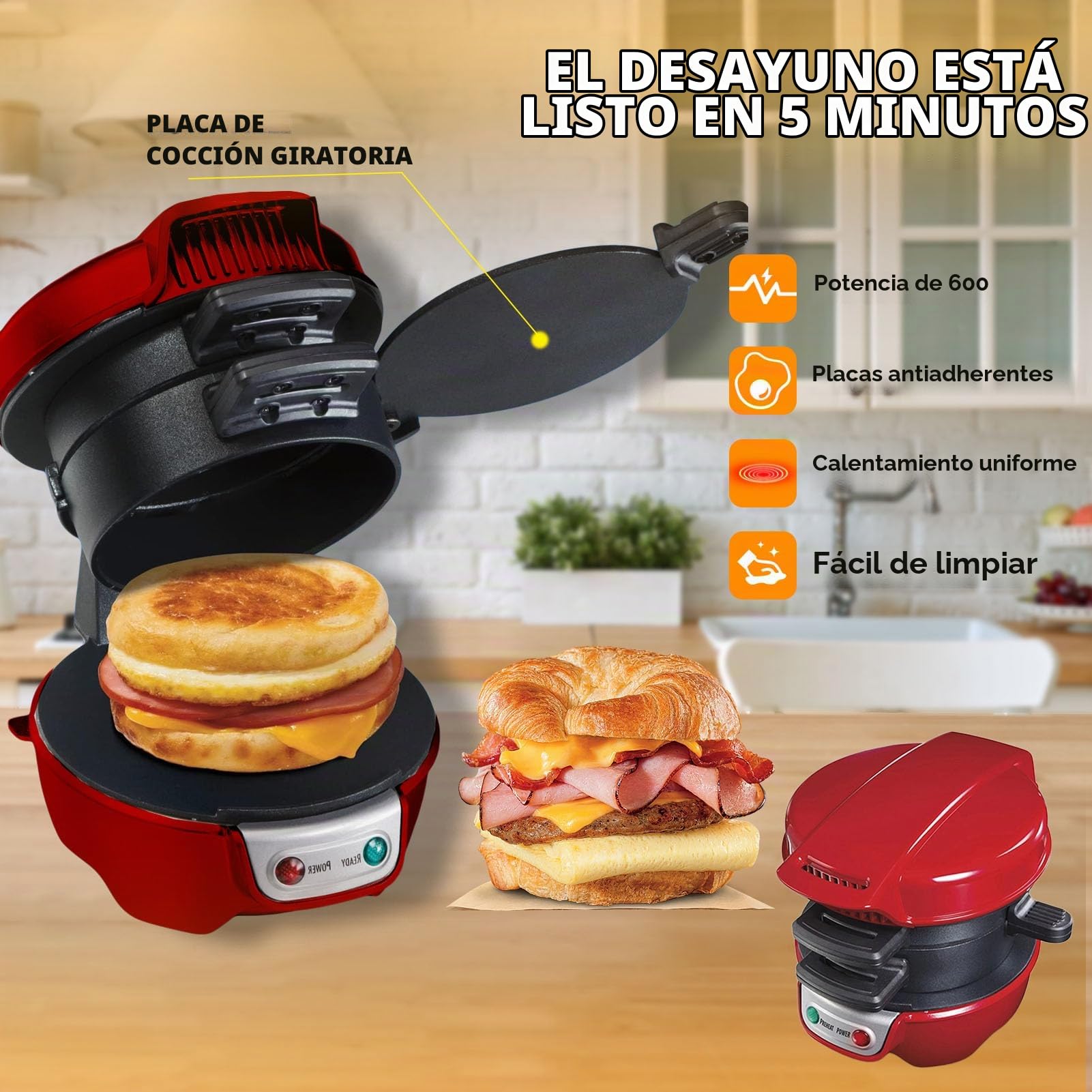 Sandwichera Eléctrica Tostadora De Sándwich, Con Temporizador De Cuenta Atrás Digital, Apto Para Lavavajillas, Perfecto Para Hamburguesas, Refrigerios Y Desayunos Rápidos (Rojo)