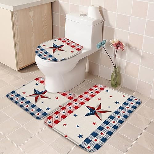 Bathroom Rugs Sets 3 Piece Bath Mat,Independence Day Star Red Blue Plaid Soft Non-Slip Bath Rug Set,Absorbent Shower Rugs Toilet Seat Cover U-Shaped