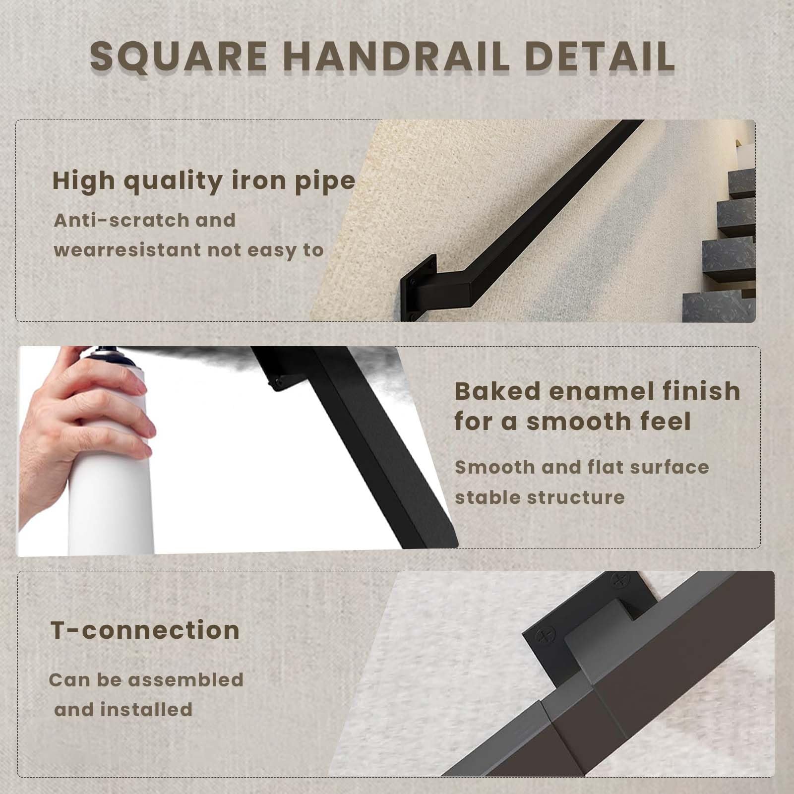 Treppenhandlauf für Wände, Schwarzes quadratisches Treppengeländer aus Metallschmiedeeisen, Sicherheitshandlauf mit Wandhalterungen und Metallschrauben, für drinnen und draußen(250cm)
