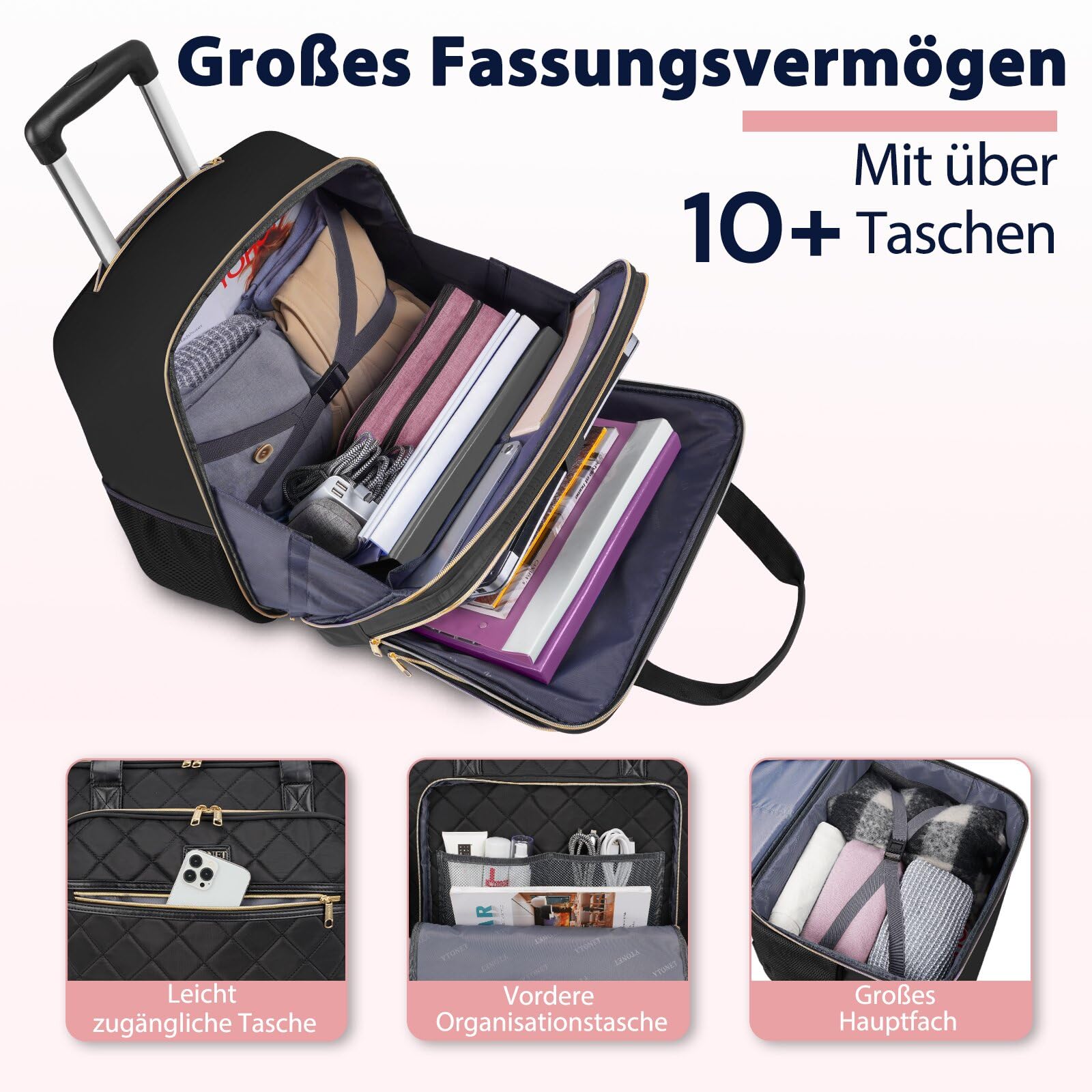 Ytonet Business Trolley Damen, Laptop Trolley 17,3 Zoll Laptop, Laptoptasche mit Rollen Wasserdicht, Business Aktenkoffer Damen mit Rädern, Pilotenkoffer mit Rollen für Reisen, Arbeit, Schule, Schwarz