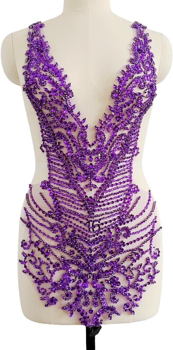Large Size Rhinestones Beads Bodice Applique handsewing Shining Acrylic Stones Trim lace Patches for Wedding Graduation Dress Accessories 31X13.7inches (Purple)