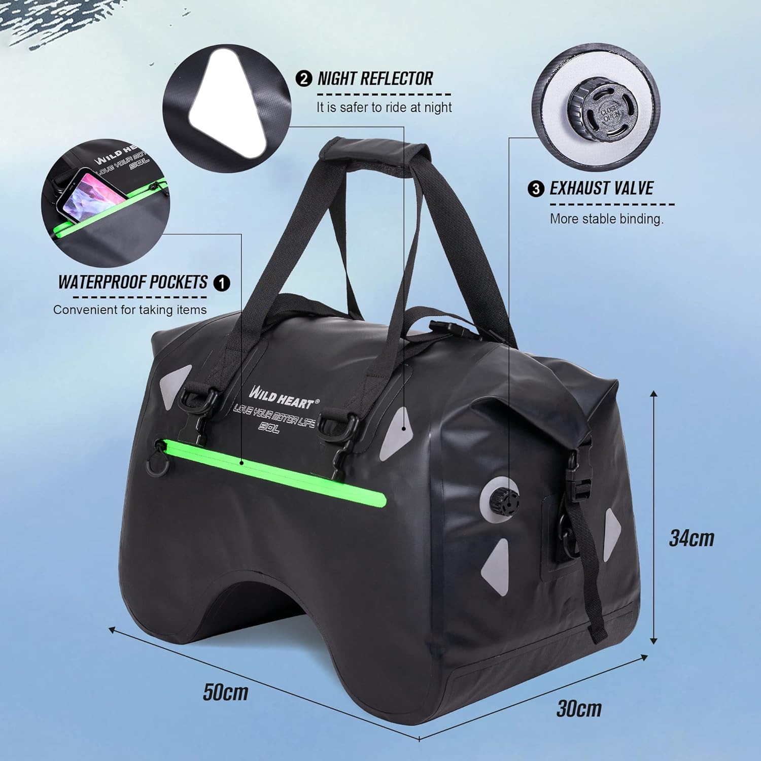 WILD HEART Dry Motorcycle Tail bag 70L/50L With Rope Straps and Inner Pocket Waterproof PVC 500D for Travel,Motorcycle and so on - Image 3