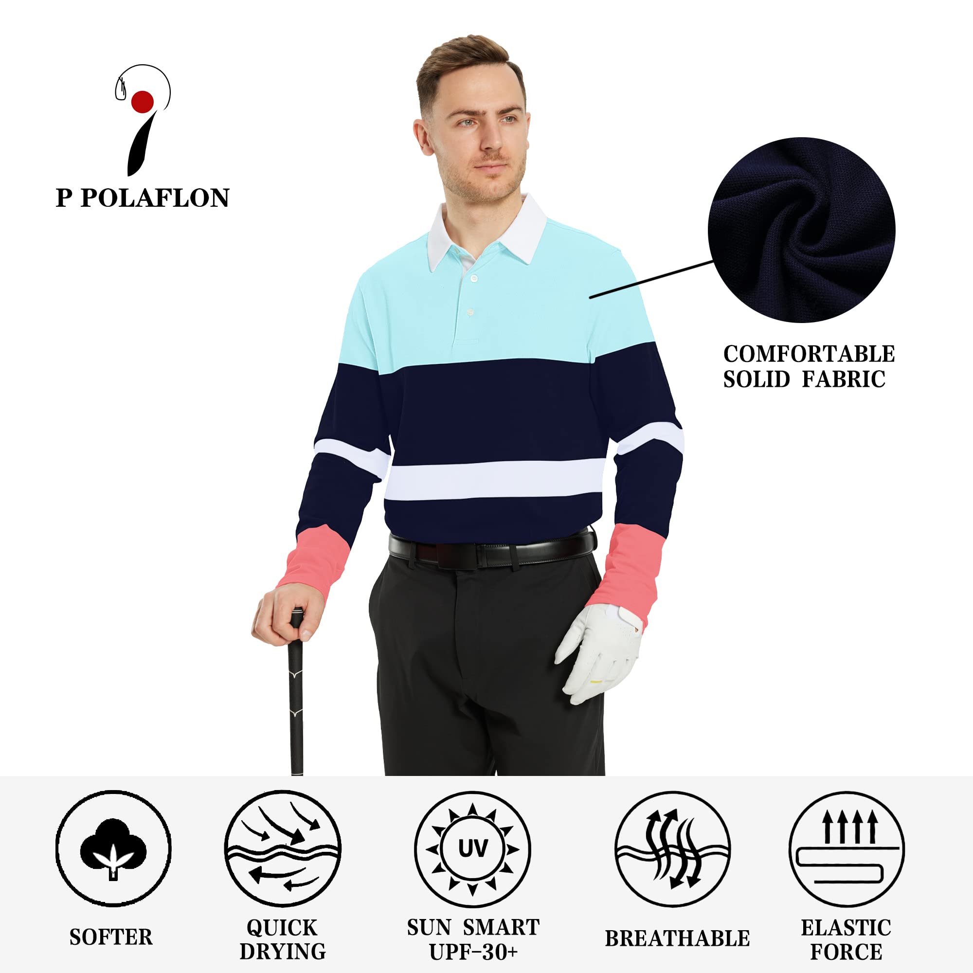 Herren Golf Polo Shirts Langarm Gestreift Dry Fit Casual Kragen Pique Poloshirts für Männer
