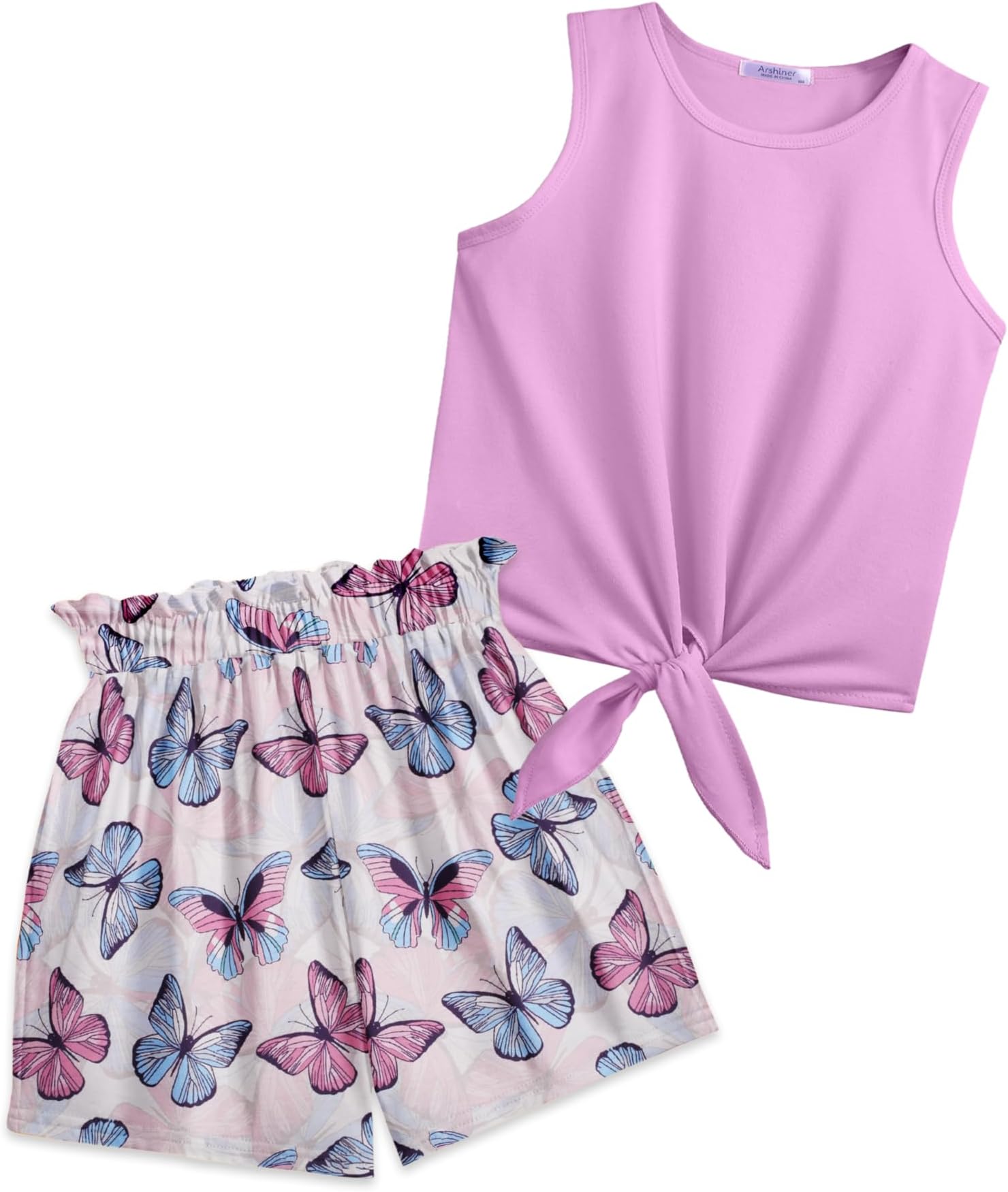 Girl's 2 Piece Outfits Tie Knot Tank Top and Paperbag Waist Pocketed Summer Short Sets