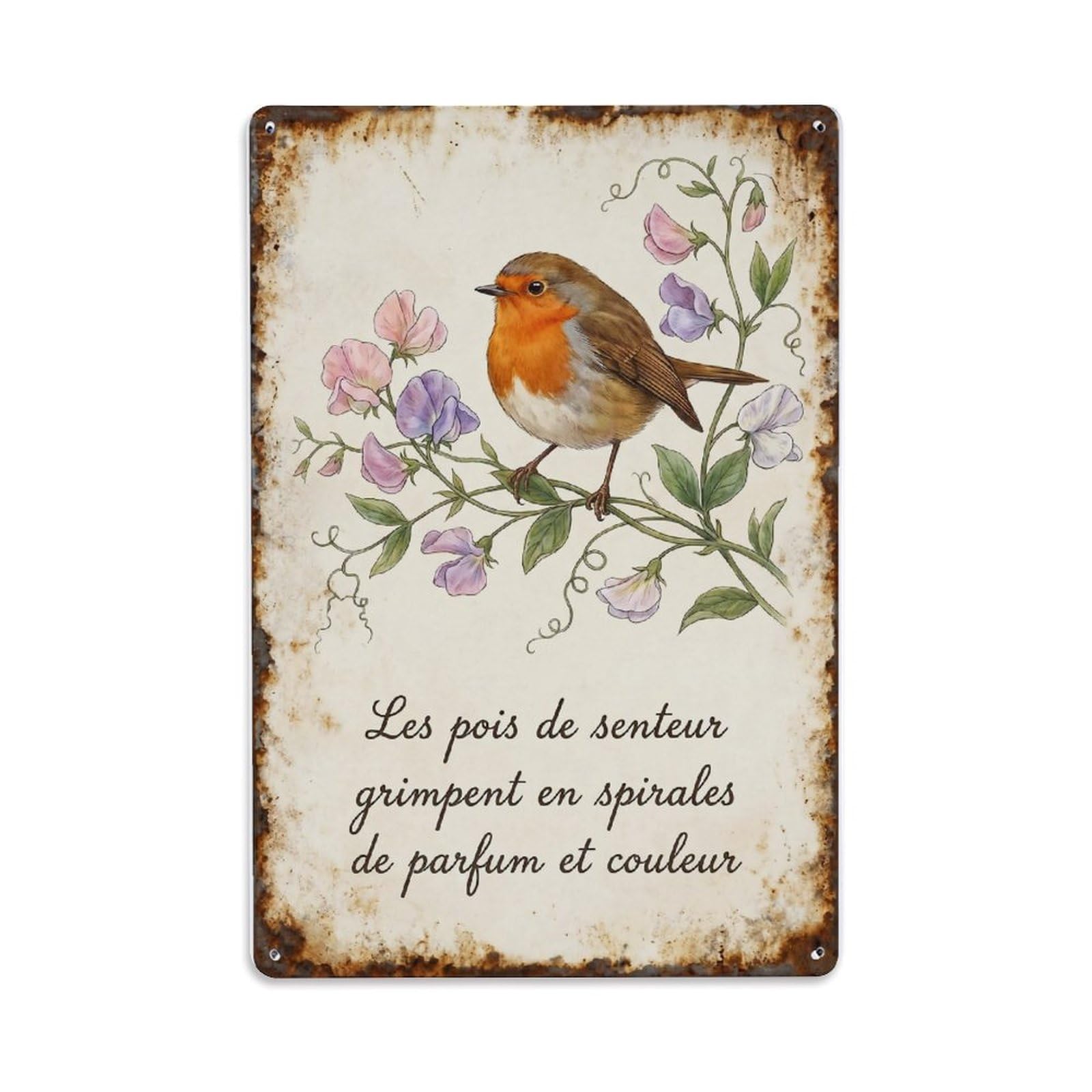 Fqnyr Style Robin Bird Garden Quote Sweet Pea Climb Metal Tin Sign Plaque Wall Decor For Cafe, Club Bar, Office, Home Garden Metal Poster 8X12inch