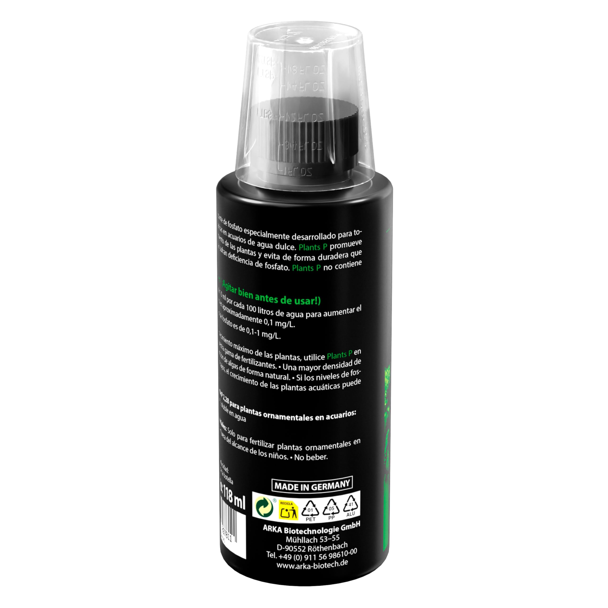 ARKA Plants P - 118 ml - Abono fosfatado Altamente eficaz para un Crecimiento exuberante de Las Plantas en acuarios de Agua Dulce, sin nitratos, Ideal para el aquascaping.
