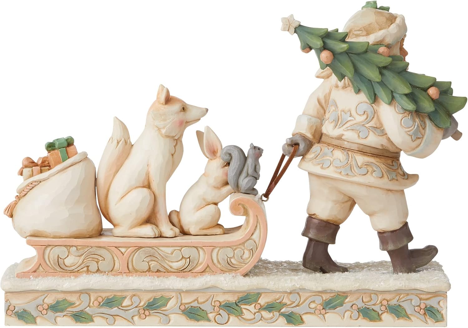 Enesco Jim Shore Heartwood Creek White Woodland Santa Pulling Animals on Sled Figurine, 6.89 Inch, Multicolor