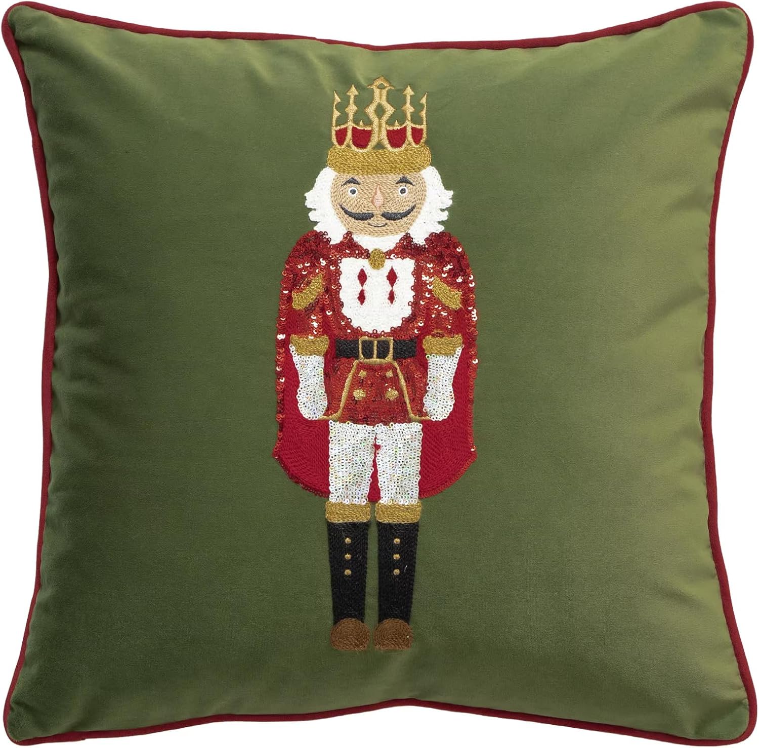 Fennco Styles Embroidered Sequin Nutcracker Velvet Throw Pillow Cover 18" W x 18" L - White Festive Cushion Case for Home, Christmas, Winter Holidays Décor, and Special Occasions