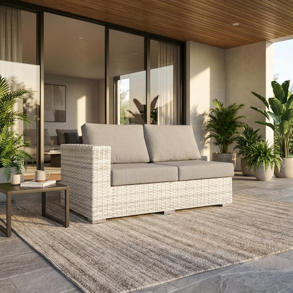 Gray Outdoor Patio Left-Arm Loveseat with Cushioned Comfort, Durable Frame, Weather-Resistant Design, Modern Style for Garden and Porch Use