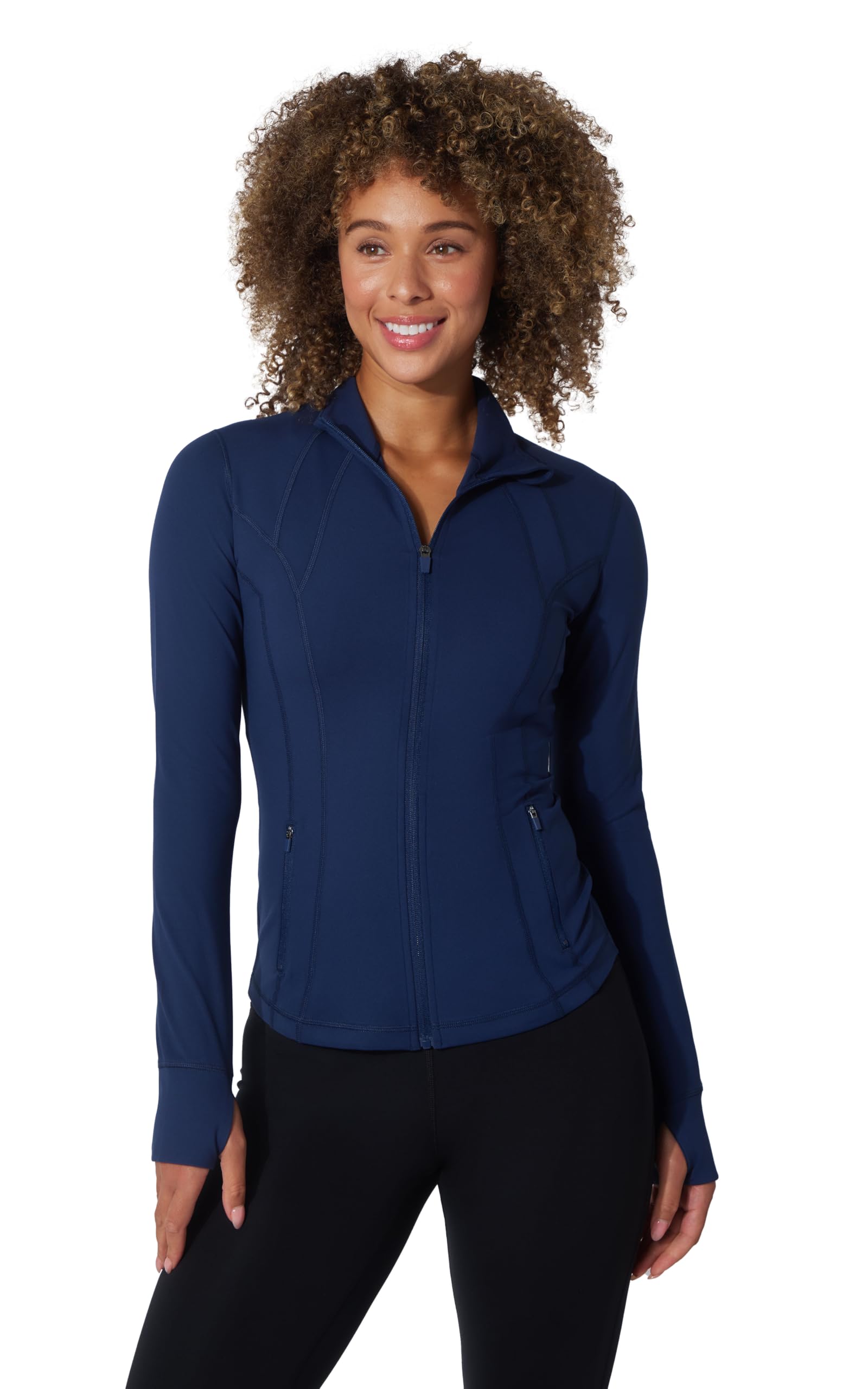 Yogalicious Women's Naval Blue Lux Ultra Soft Lightweight Full Zip Yoga Jacket With Pockets, S