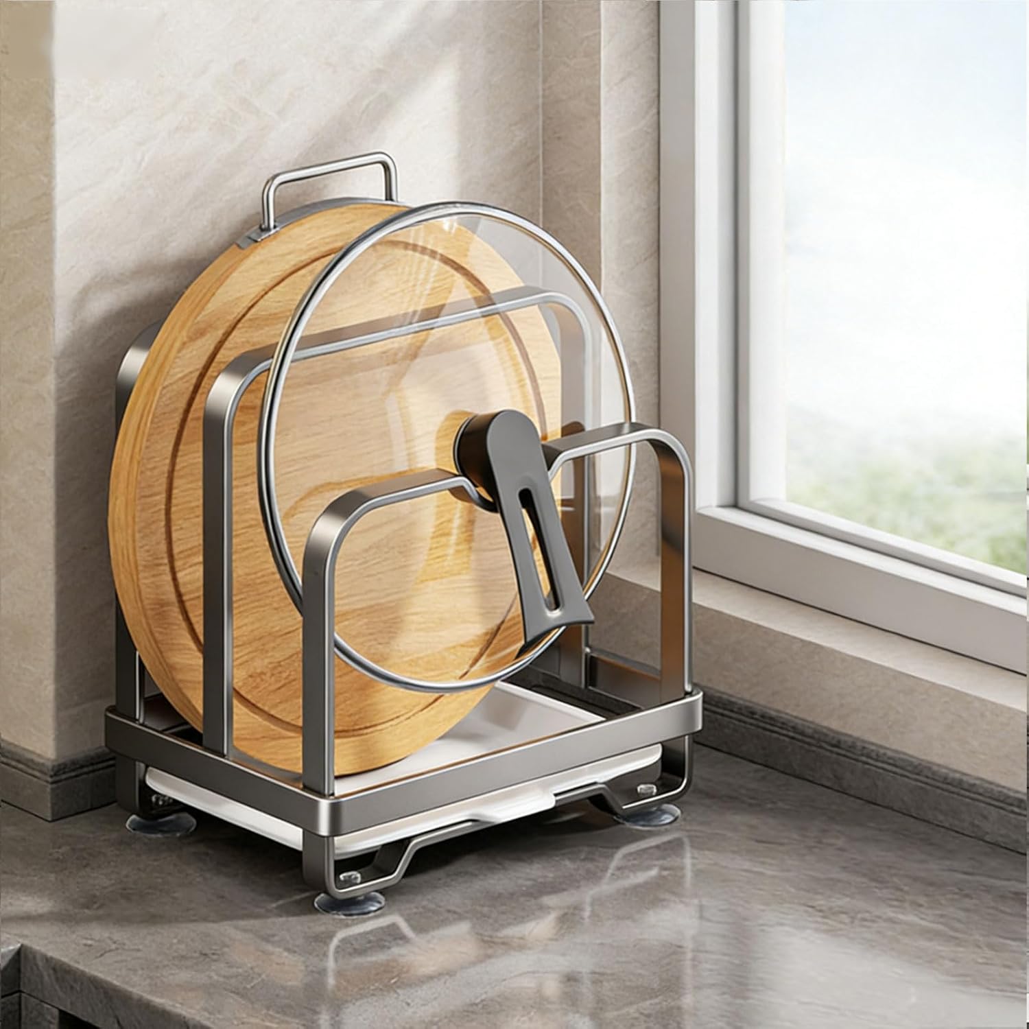 Multi Layer Kitchen Rack Organizers for Pots Lid and Cutting Boards Holder with Removable Drip Tray and Antislip Bottom Multi Layer Pot Lid Rack