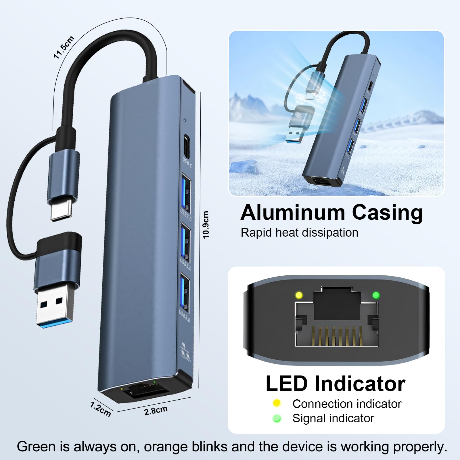 Adaptateur USB Ethernet 1000Mbps Hub Type-C 3.0 vers RJ45 Gigabit avec 3 Ports USB 3.0 et 1 Type-C