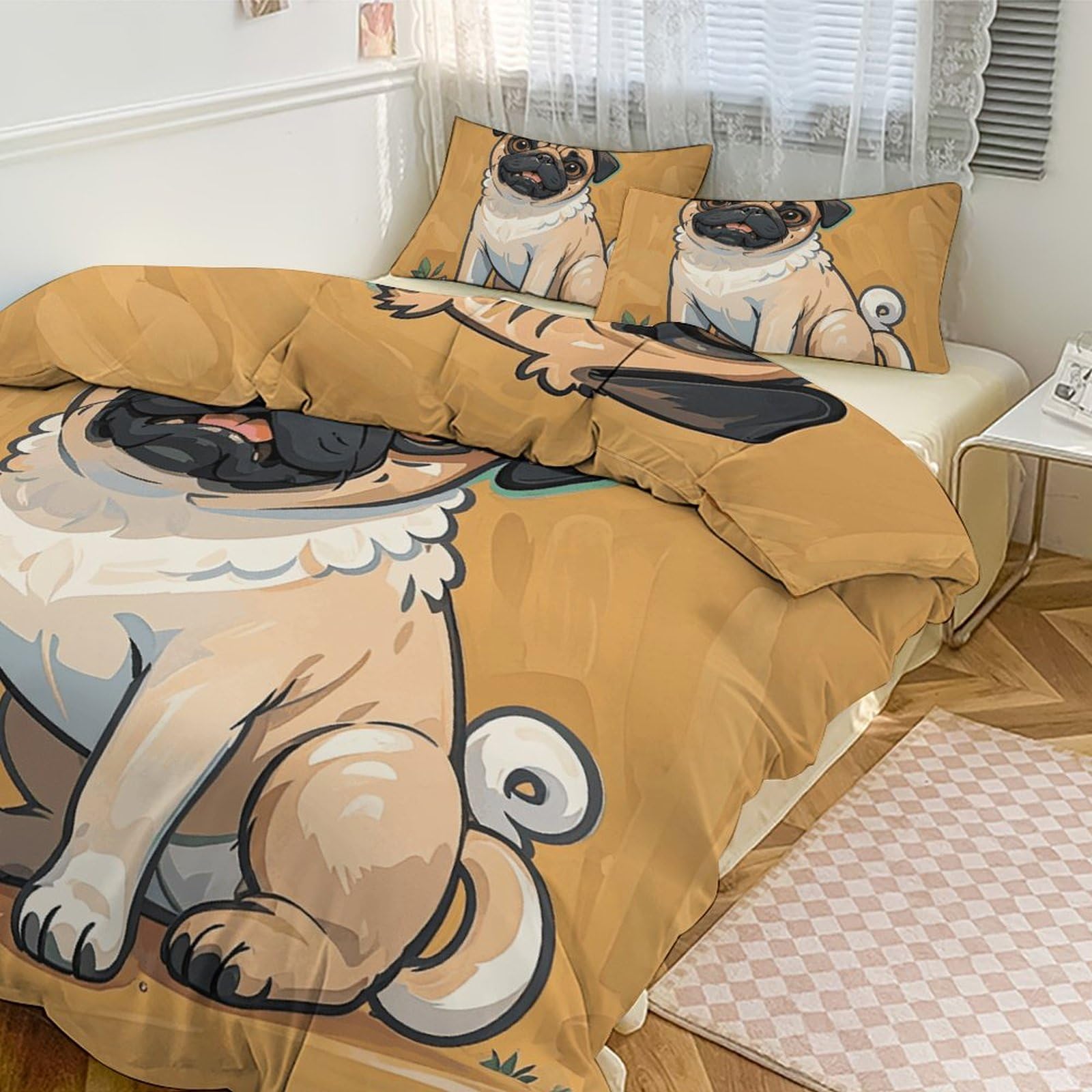 Parure de lit mignon carlin chiot grand lit 3 pièces pour une ambiance tendre et réconfortante