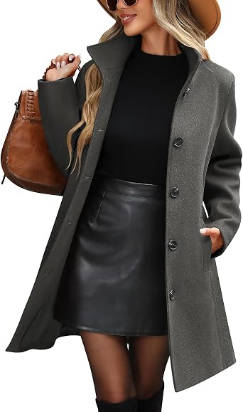 UMIPUBO Womens Winter Stand Collar Single Breasted Pea Coat with Pockets | Smooth Lined, Flattering Fit, 100% Polyester, Mid-thigh Length, Casual Overcoat, Classic Work Office Jacket