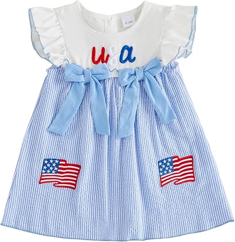Yuufuniy Baby Girl 4th of July Outfit USA Sleeveless Dress Fly Sleeve Bow Fourth