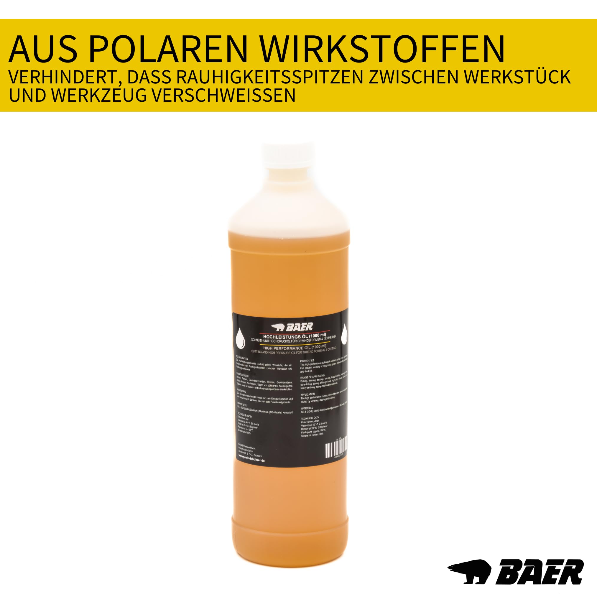 BAER Schneidöl 1000 ml – Hochleistungs Bohröl & Kühlschmierstoff für Gewindeschneider, Bohren, Fräsen & Gewindeformen – Schmiermittel für Metallbearbeitung & Profi-Einsatz