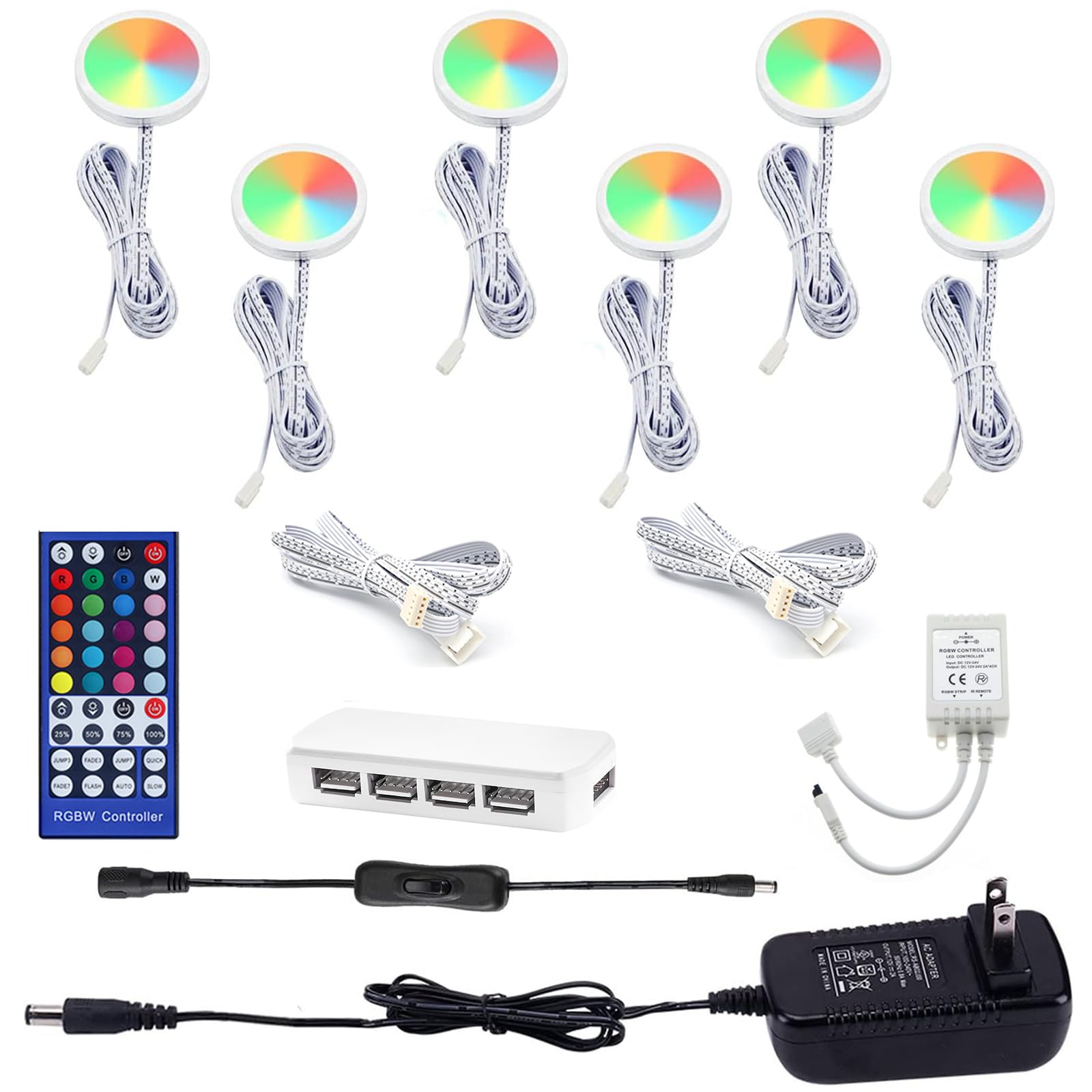 AIBOO Color Changing Christmas Xmas Decor Under Cabinet LED Lighting Kit IR Control Multi Color Puck Lights for Kitchen Shelf Counter Lighting 6 Lights, 18W RGBWW RGB+Warmwhite