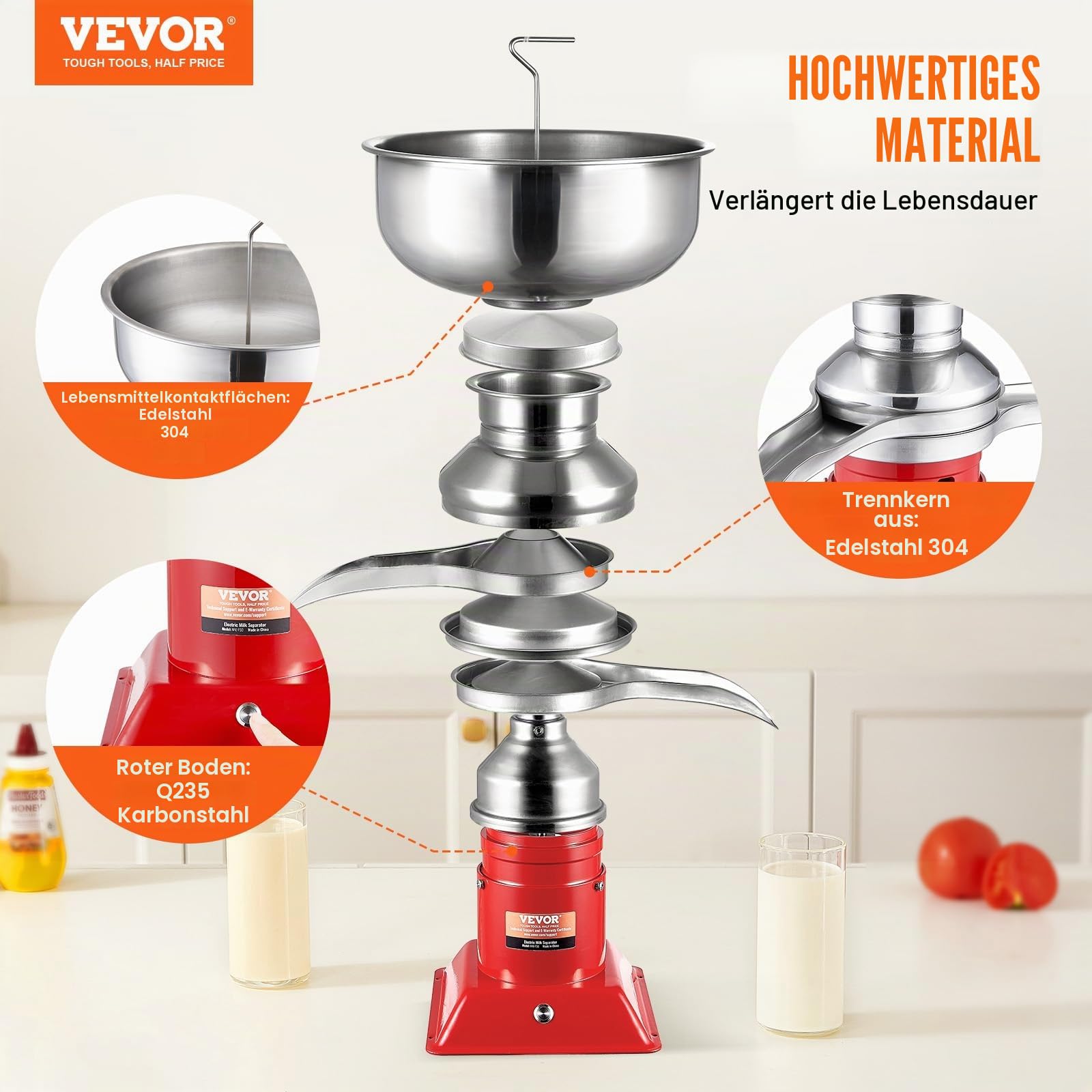 VEVOR Elektrischer Milchabscheider Zentrifugalabscheider 30 W, Milchzentrifuge Separator 100 L/Std. Milchcremetrenner, 10500 U/min Multifunktionale Milchzentrifuge Milchseparator Edelstahl 304