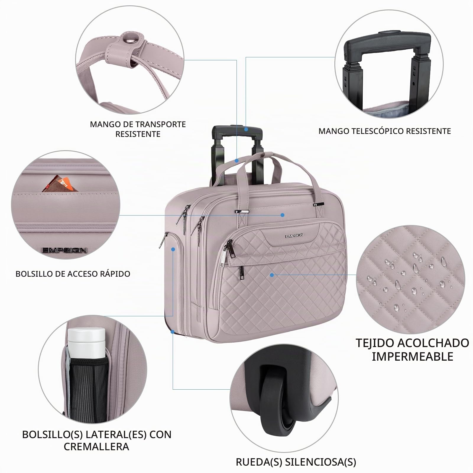 EMPSIGN Bolsa Rodante para Portátil para Mujer con Ruedas 15.6 Pulgadas sobre Ruedas, Bolsa de Computadora con Ruedas Repelente al Agua Durante la Noche con Bolsillos RFID, Rosa