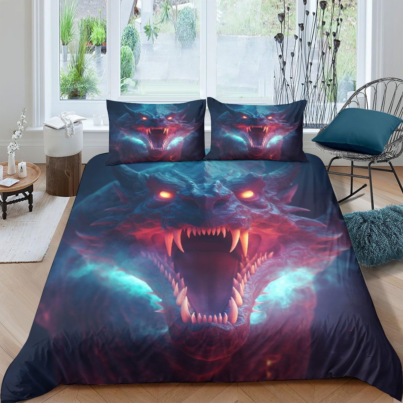 GOOSMI Dragon Head for Boys Girls Comforter Covers Quilt Cover 3D Print Dragon Duvet Cover Bedding Set with Pillow Cases with Zipper Closure Soft Microfiber 3 Pieces King(220x240cm) — image 1
