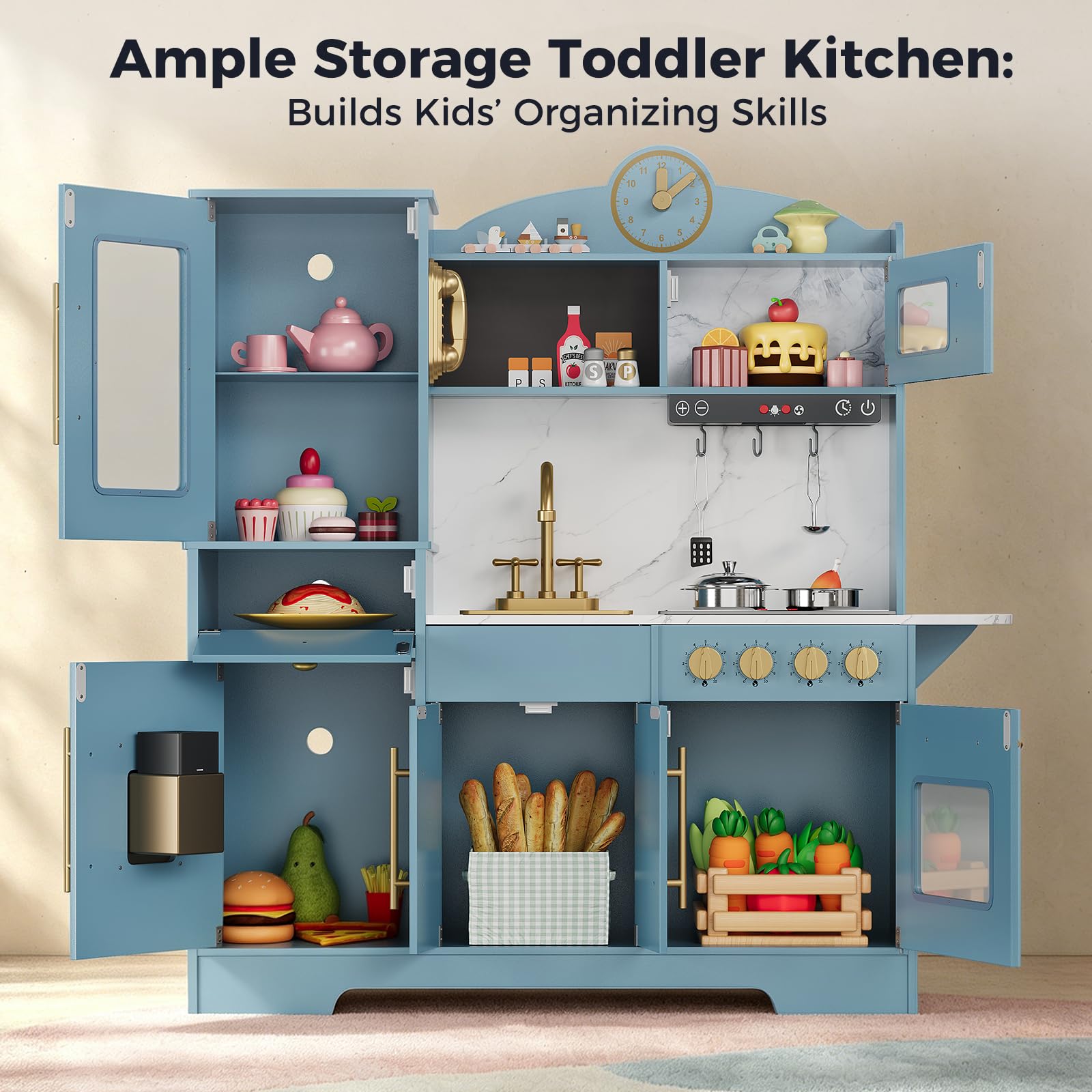 Cocina Juguete para Niños, Cocinita Infantil con Sonido Fogón Grifo Fregadero Microondas Reloj Máquina de Hielo y Accesorios de Cocina, Cocinita de Madera Infantil y 3 Años +, Educativo Imitación