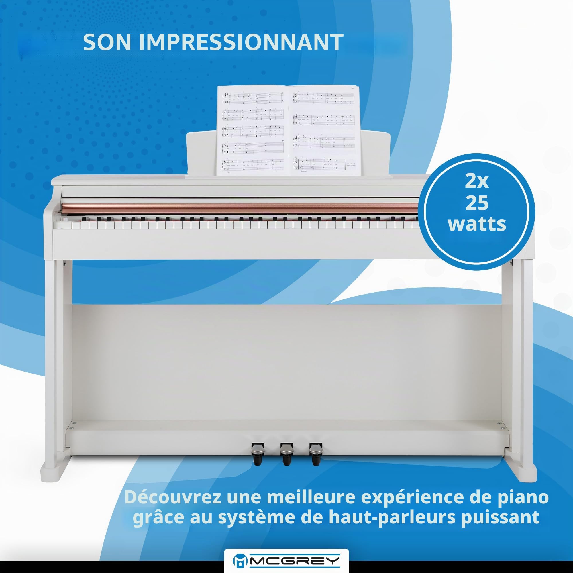 McGrey DP-19 WM Piano numérique avec 88 touches lestées avec clavier pondérée action de marteau et vélocité - 8 sonorités - 32 rythmes - Clavier électrique avec 3 pédales - Blanc mat