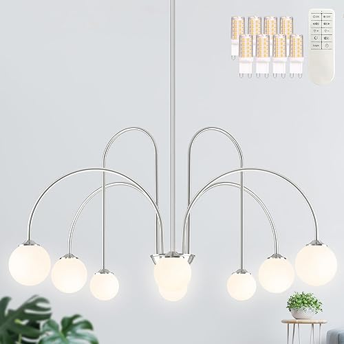 Candelabro Sputnik de níquel con 8 luces colgantes de globo de 38.5", lámpara Sputnik moderna con pantalla de globo de vidrio esmerilado, lámpara
