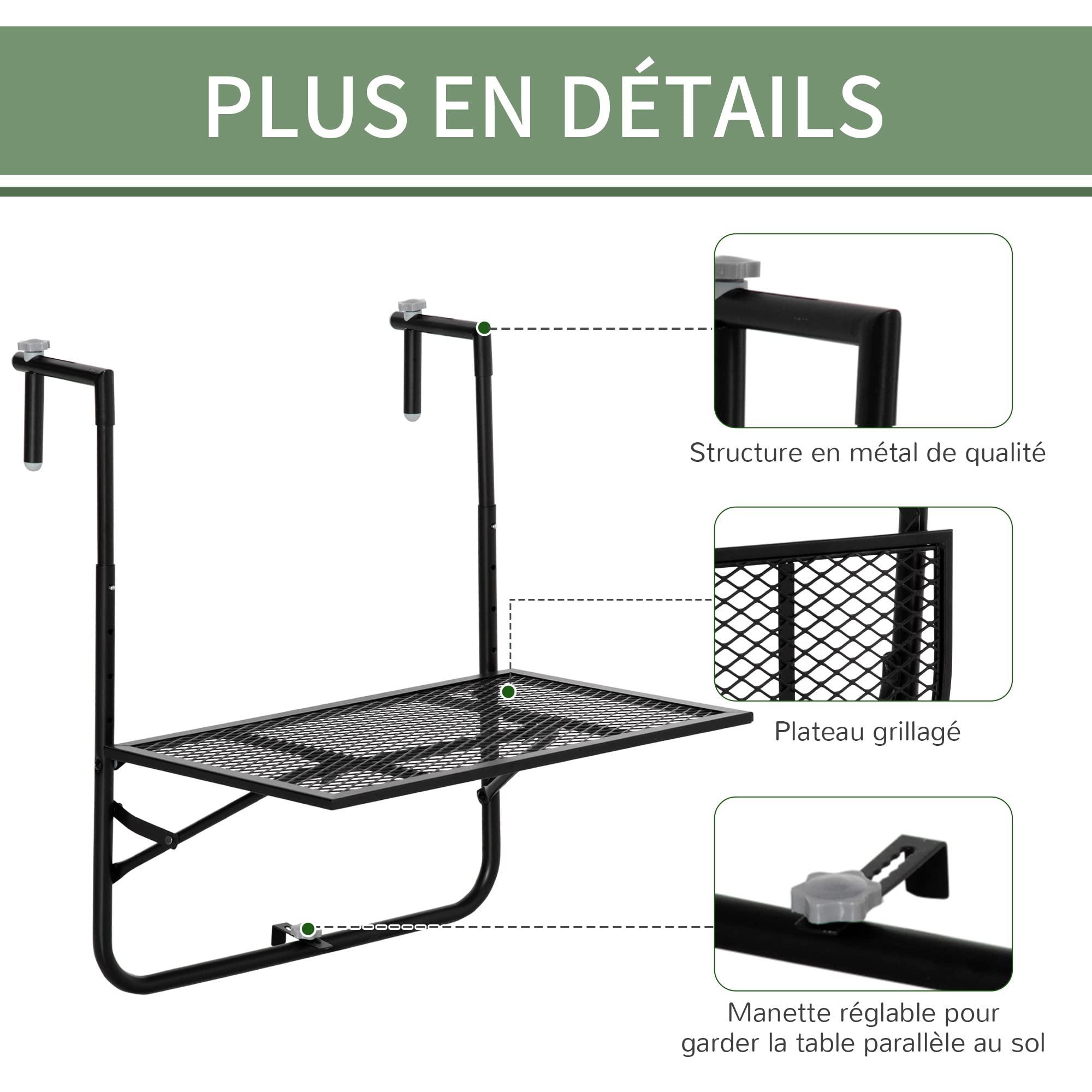 Outsunny Table de Balcon Suspendue Pliable Hauteur réglable 60x60x57-72 cm Noir