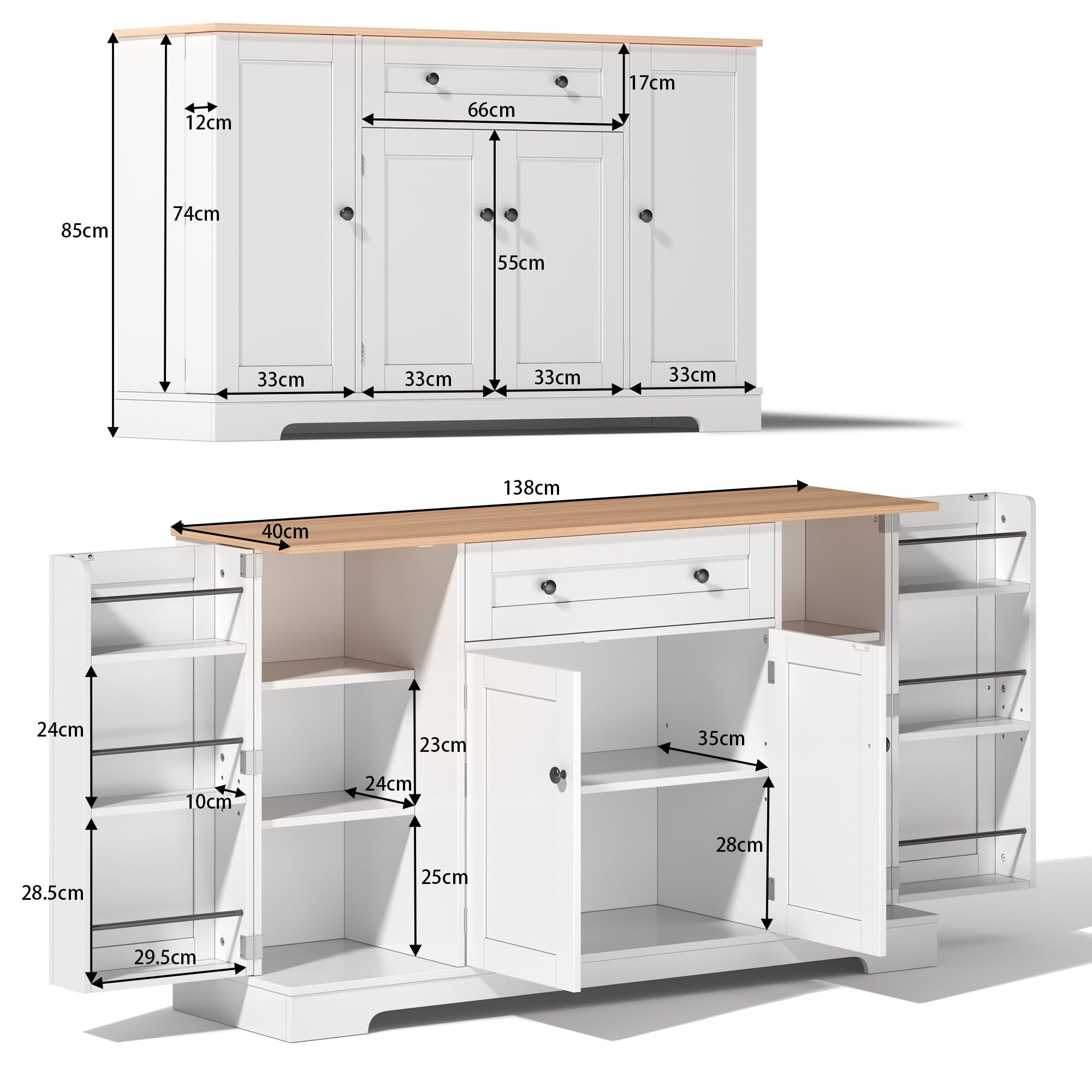 Credenza Cucina, Mobile da Cucina con 4 Ante e 1 Cassetti, Credenza da Sala da Pranzo con Ripiani Regolabili, Mobile Multiuso, Buffet Moderno per Soggiorno con Portaspezie, 138x40x85cm (Legno)