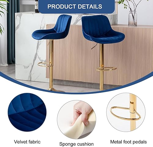 Miniatura 4 de Kiztir Juego de 4 taburetes de bar de terciopelo dorado, taburetes de bar ajustables con respaldo y reposapiés, taburetes de bar giratorios dorados