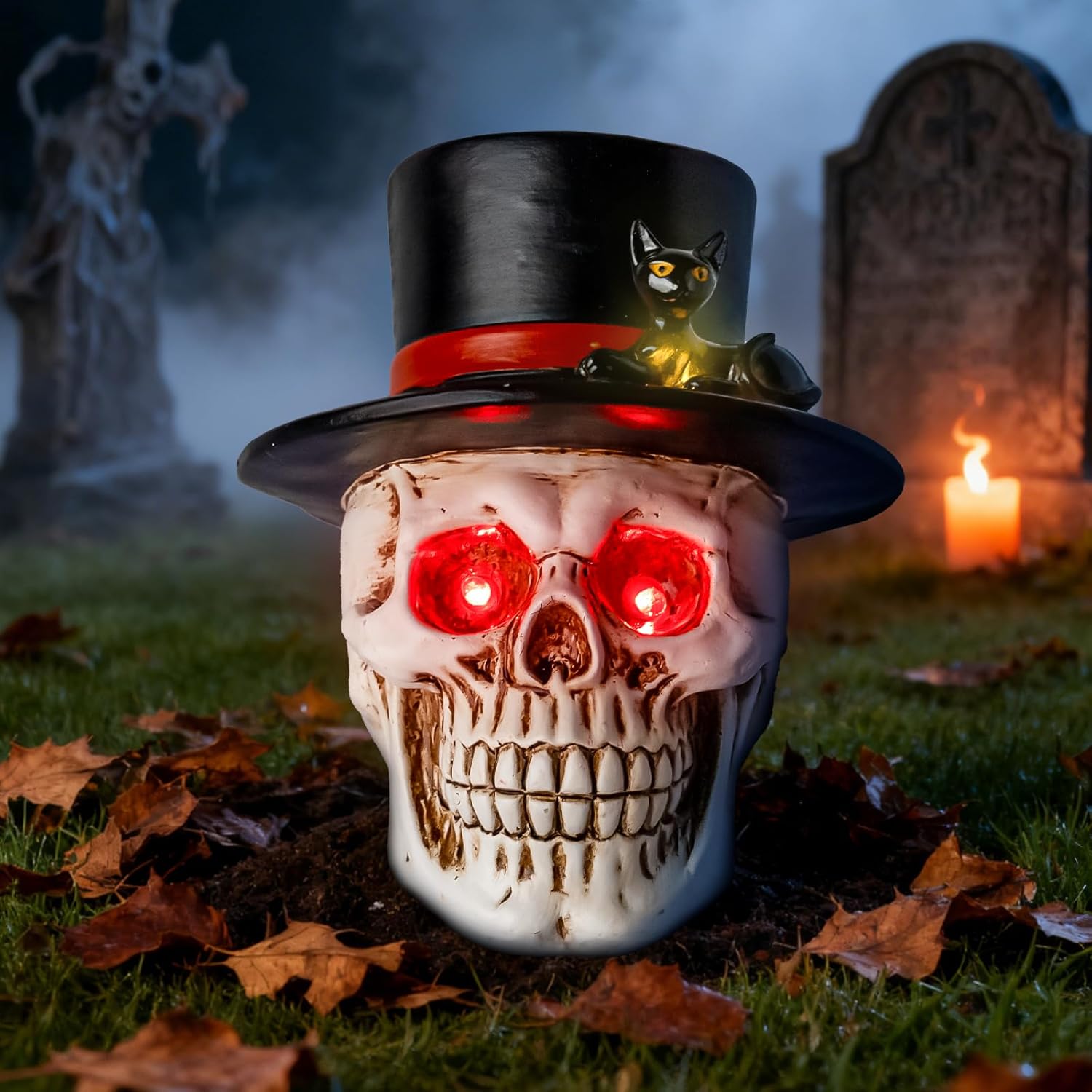 halloween skull decorations outdoor solar light, spooky red eyes skull figurine with hat & black cat, skulls halloween decor for yard,lawn,party,garden & graveyard