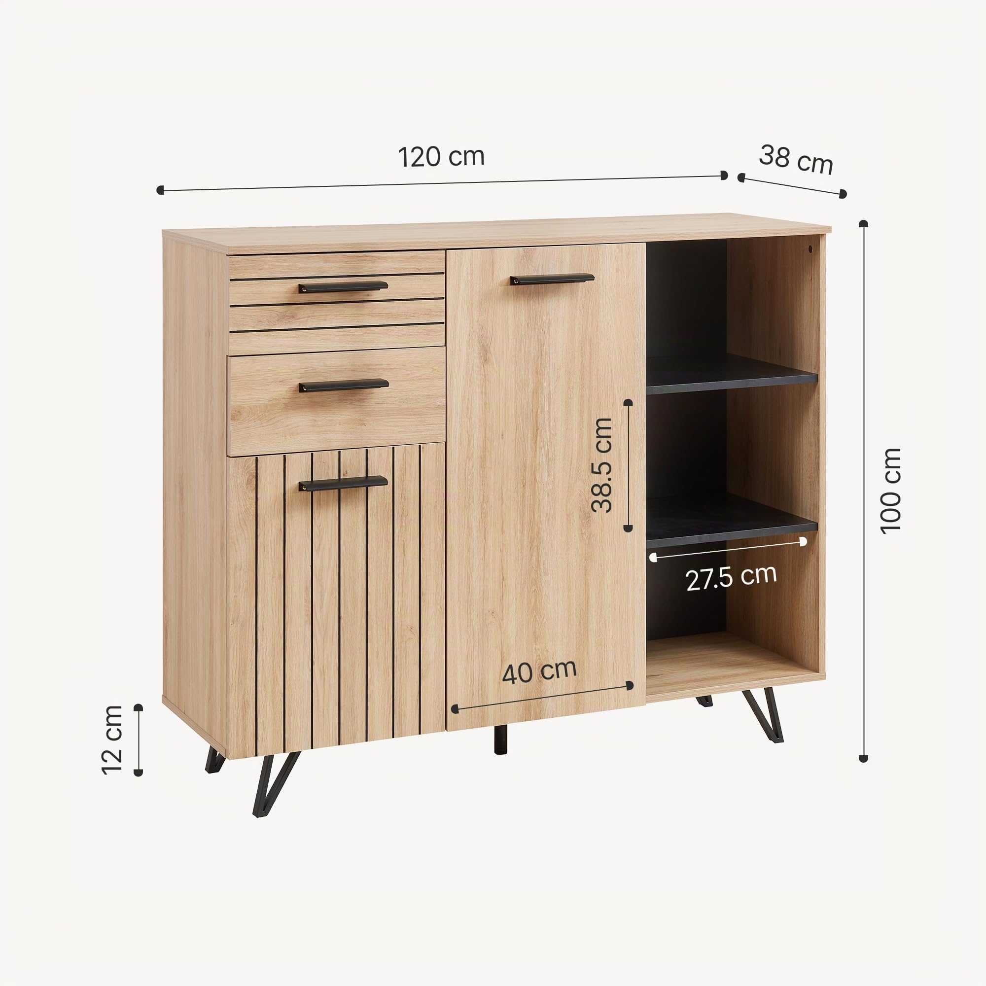[en.casa] Aparador para Salón Noppen Aparador Multiusos con 2 Cajones 2 Compartimentos con Puertas y 3 Compartimentos Abiertos Mueble Auxiliar para Comedor Oficina 100 x 120 x 38 cm - Efecto Roble