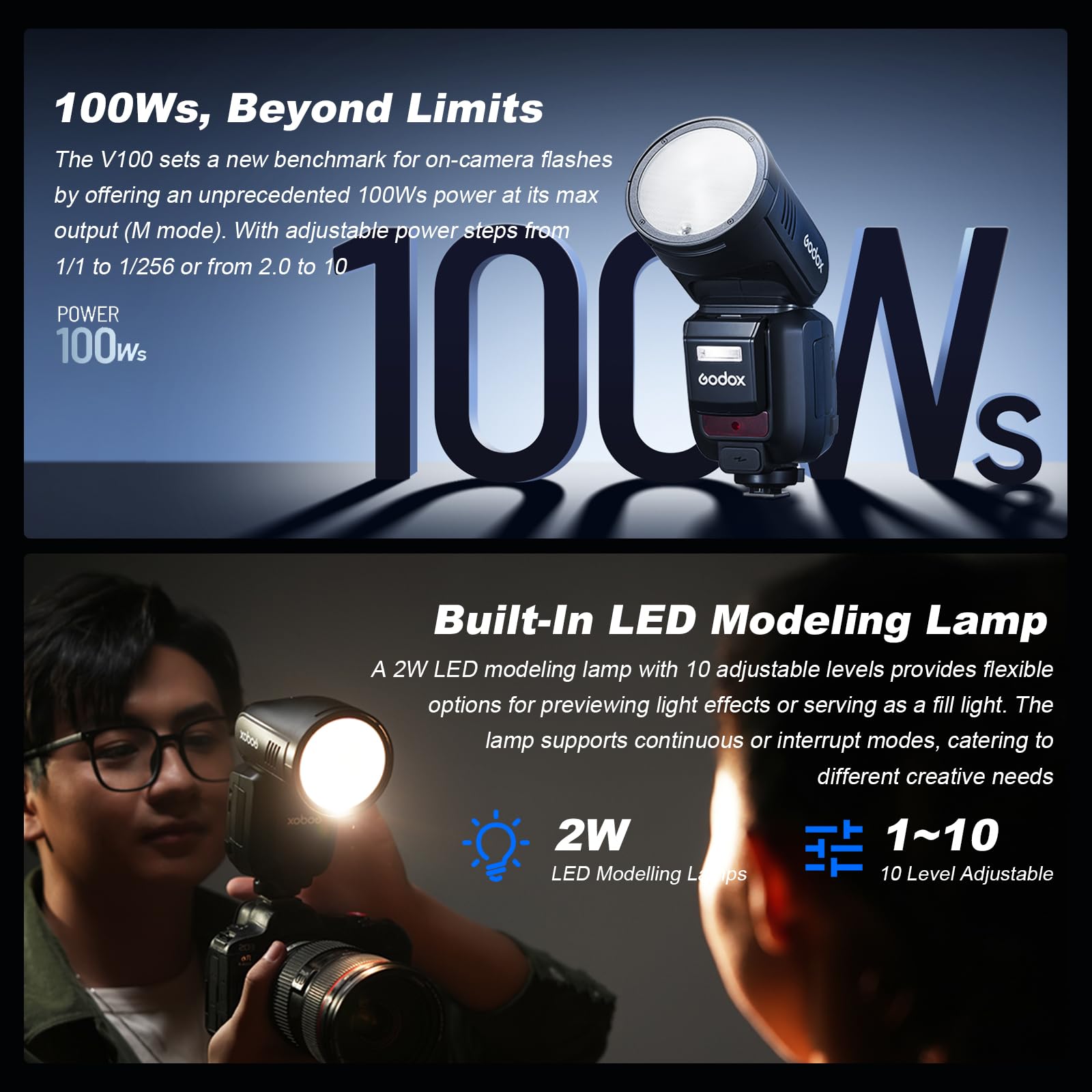 GODOX V100S Flash V100-S 100W Testa Rotonda Speedlite 2.4G Wireless per Sony