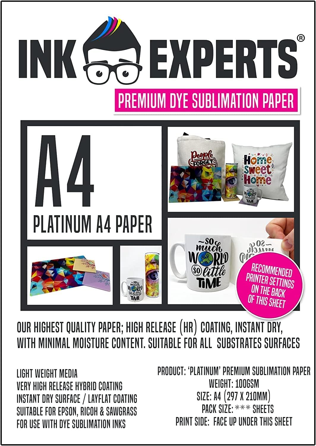 Ink Experts 100gsm Platinum A4 Premium High Release Dye Sublimation Paper (100 Sheets)