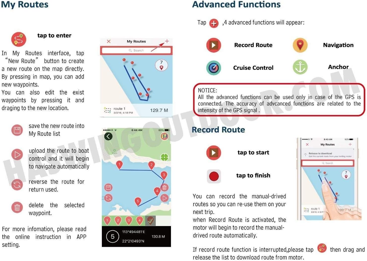 Diagram illustrating advanced functions within the Helmsman APP, including Record Route, Navigation, Cruise Control, and Anchor.