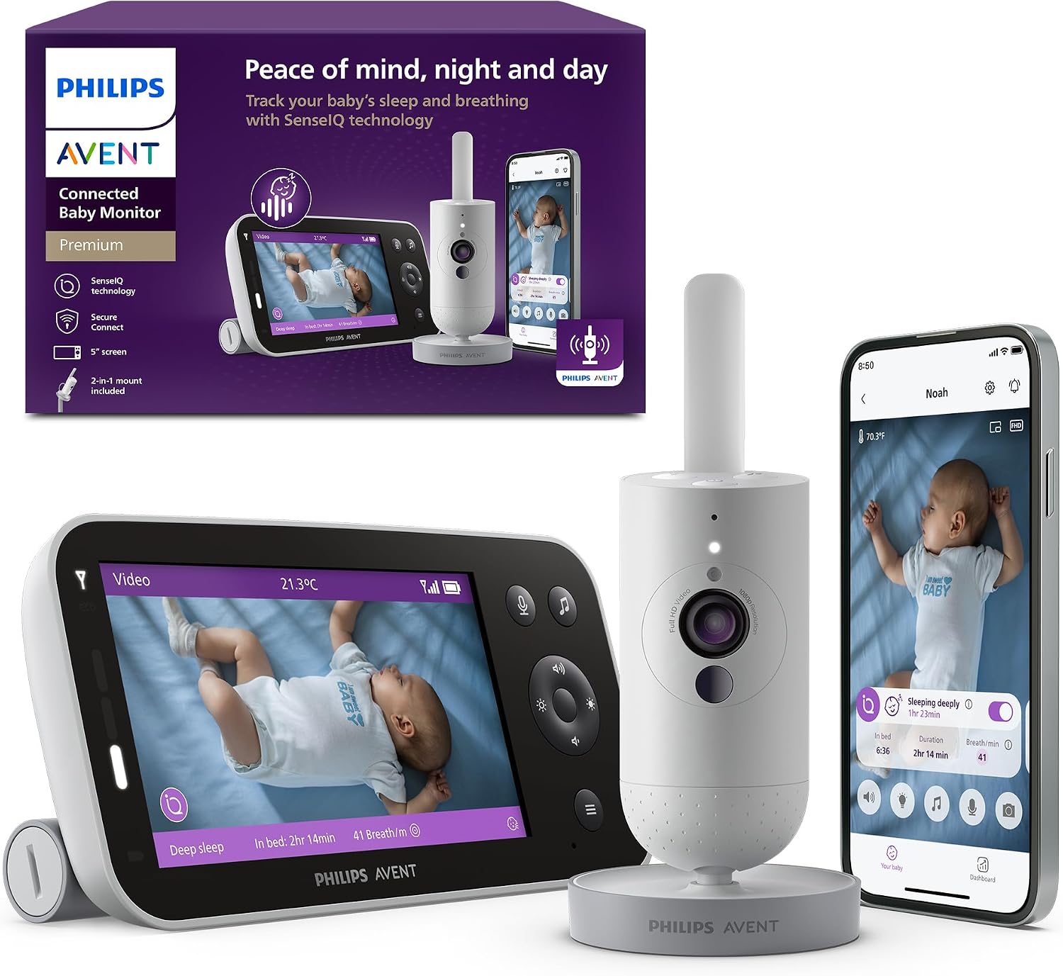 Premium Connected Baby Monitor, 1080p Camera, 5" HD Screen | For First-Time Parents, Wearable-Free Smart Baby Monitor, Sleep & Breathing Motion Tracking, Wall & Crib Mount, SCD973/37