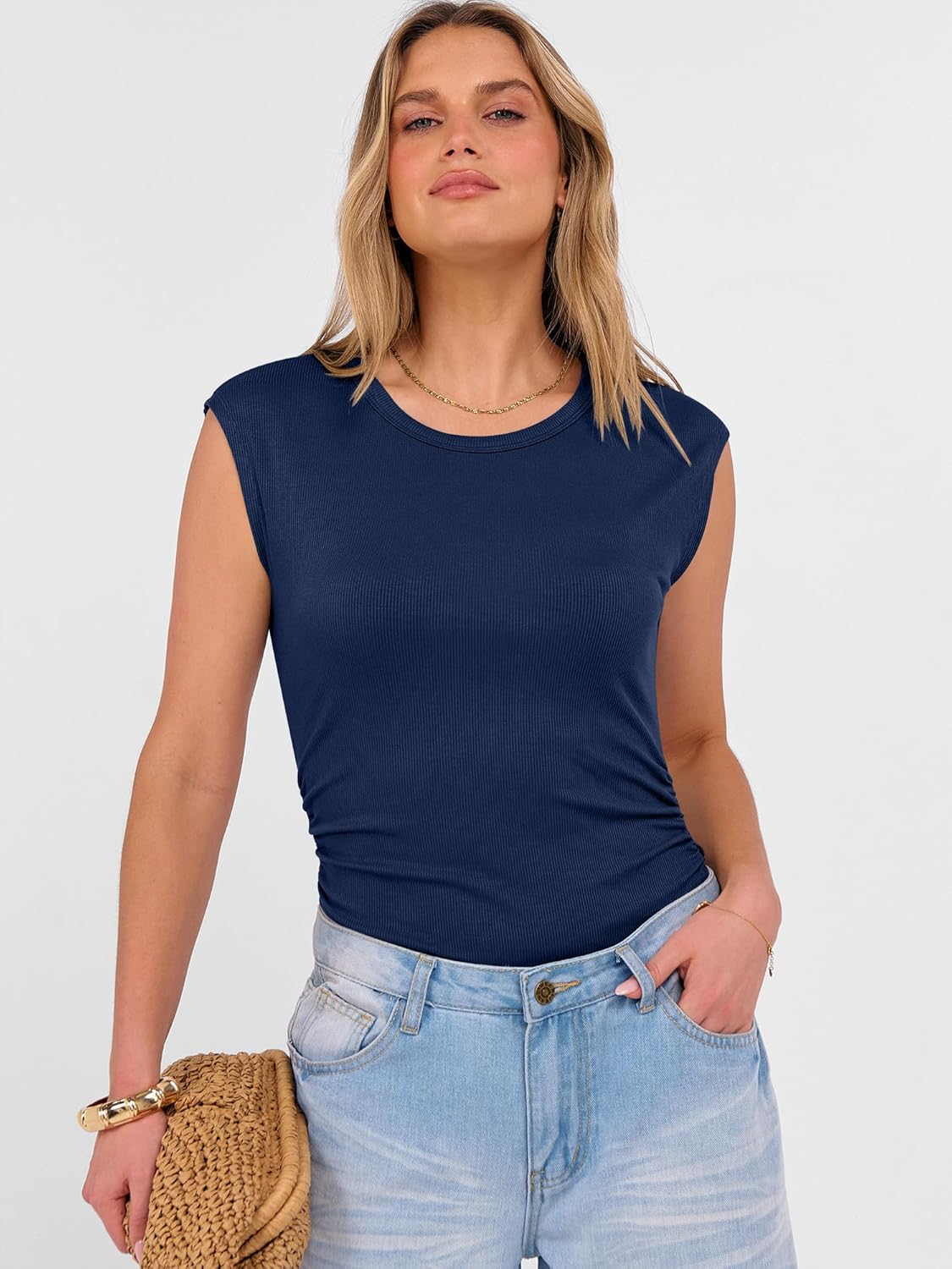 ANRABESS Womens Tops Cap Sleeve Crewneck Shirts Casual Ribbed Knit Slim Fit Ruched Summer Basic Tee Tank 2026 Trendy Clothes - Image 5