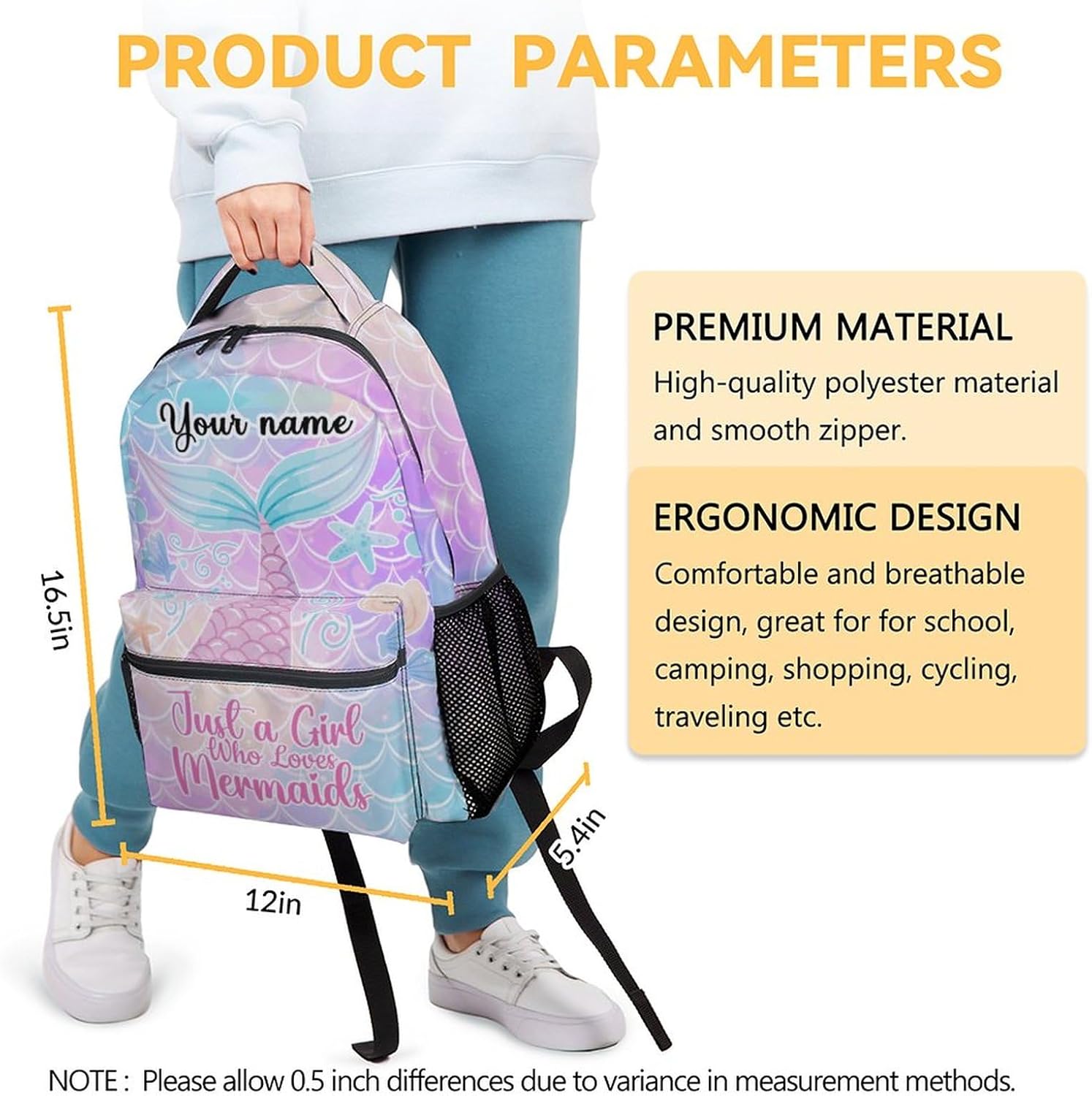 Personalized Mermaid School Backpack for Girls, 16 Inch Pink Backpacks for Kids, Cartoon, Durable, Lightweight, Large Capacity Bookbag for Travel