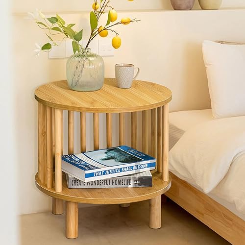 Miniatura 5 de Sophia & William Juego de 2 mesitas de noche de bambú, mesa auxiliar redonda de 15.7 pulgadas para dormitorios, sala de estar