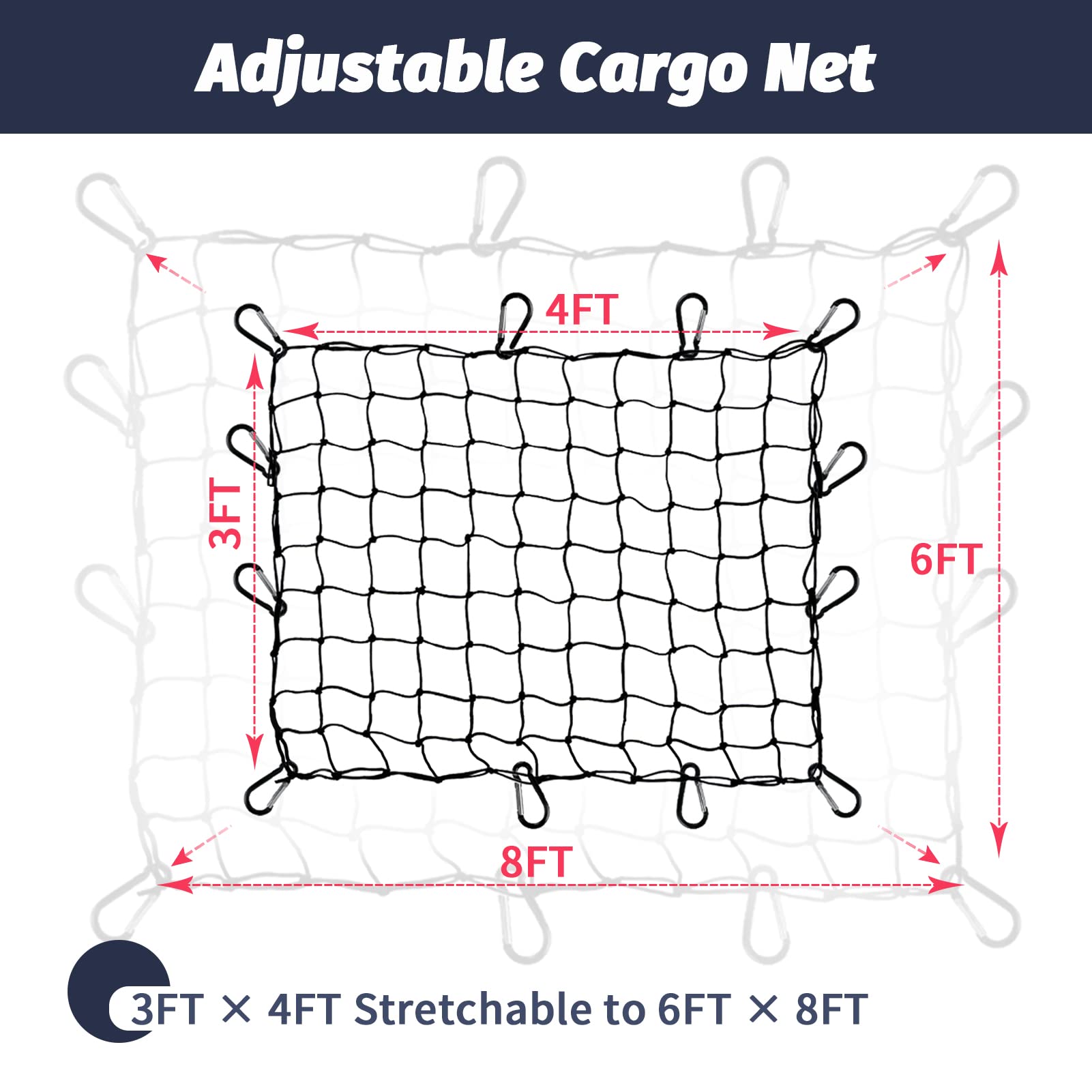 Red de carga para cama de camioneta de 3 x 4 pies que se estira hasta 6 x 8 pies, red de carga resistente de 12 mosquetones de clip sin enredos y 1 bolsa de almacenamiento pequeña de 4 x 4 pulgadas,