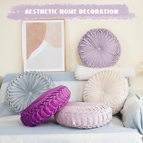 Miniatura 4 de Gowkou Almohada redonda de 15.7 pulgadas, suave y redonda, hecha a mano, plisada, cojín redondo para sofá, almohada decorativa de terciopelo para