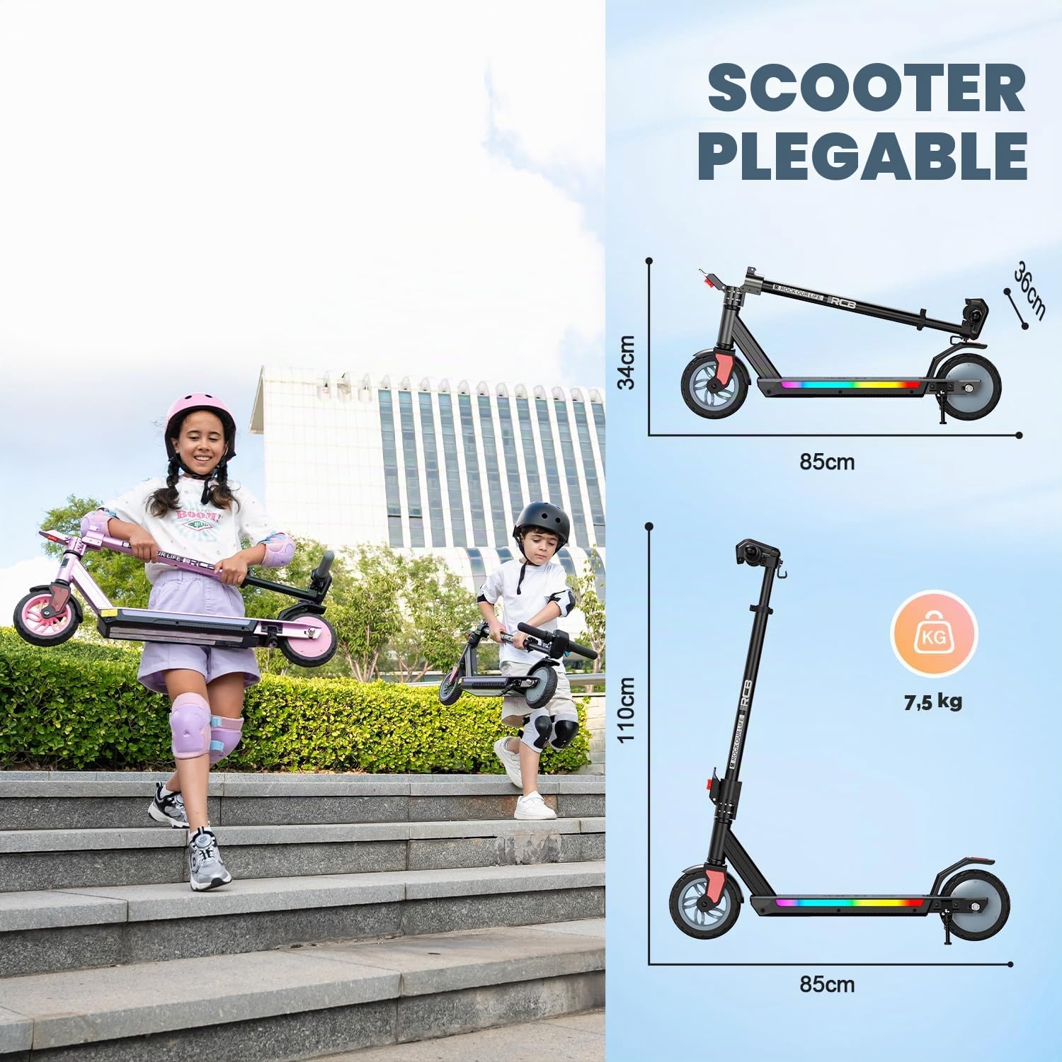 RCB R12 Pro Patinete Eléctrico Niños para 6-12 años, hasta 18km/h y 15km, 3-Altura Ajustable, 7" Plegable Patinete Eléctrico,Luces de Arco Iris,Pantalla LED, Regalos para Niños