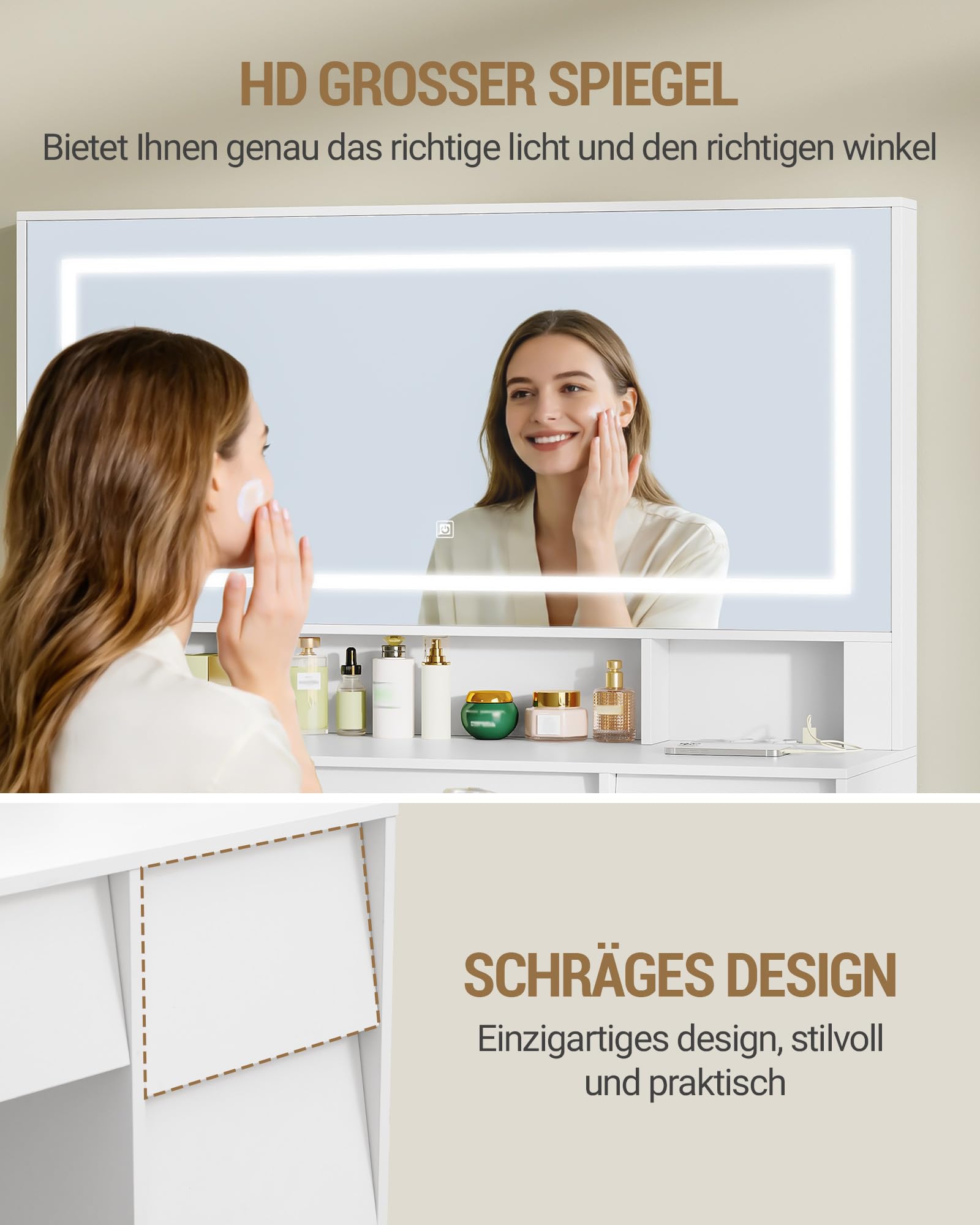 Hzuaneri Große Schminktisch mit LED-Beleuchtung und Steckdosen, Schminktisch mit Große Spiegel, Schminktische mit 9 Schubladen und 3 Offenen Fächern, Schlafzimmer, Modern, Weiß 1180303XEU