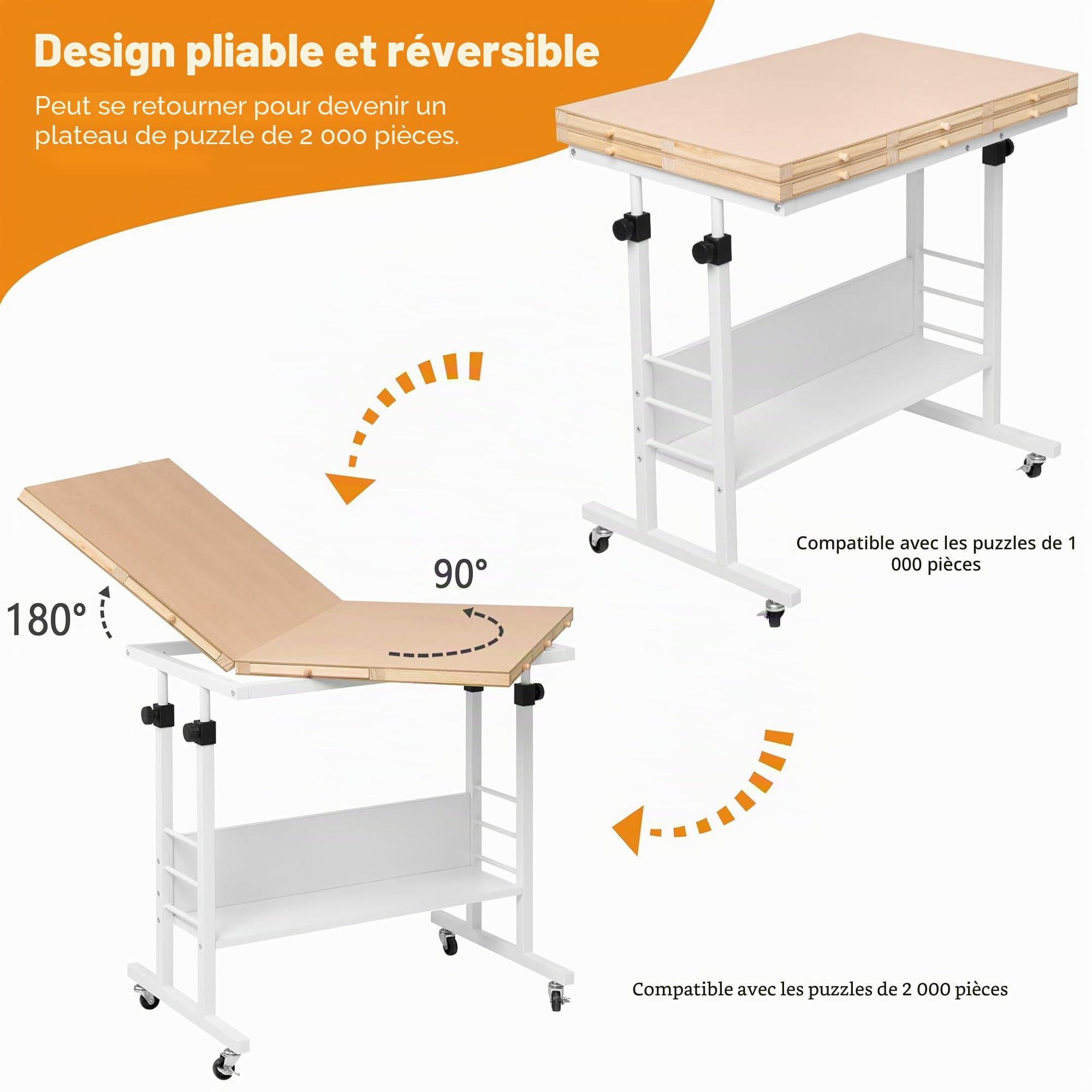 Tektalk Planche de Puzzle Pliable 2000/1500/1000 pièces avec Hauteur réglable, Table de Puzzle avec Couvercle et 8 Plateaux de tri/tiroirs, chevalet Puzzle avec Pieds, fermé avec 4 roulettes