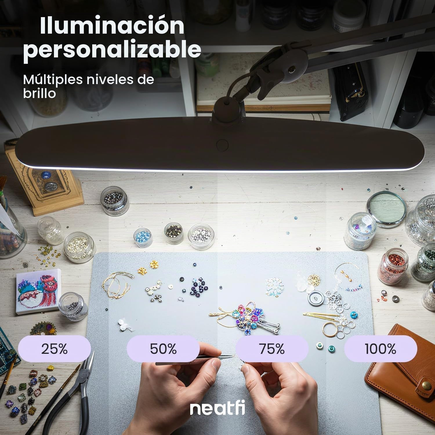 Neatfi XL Lámpara de Escritorio LED de 23" con Pantalla Ancha – 2.200 Lúmenes, 24W | Luz Regulable | Brazo Ajustable | Ideal para Oficina en Casa, Manualidades y Técnicos de Uñas (Blanco)
