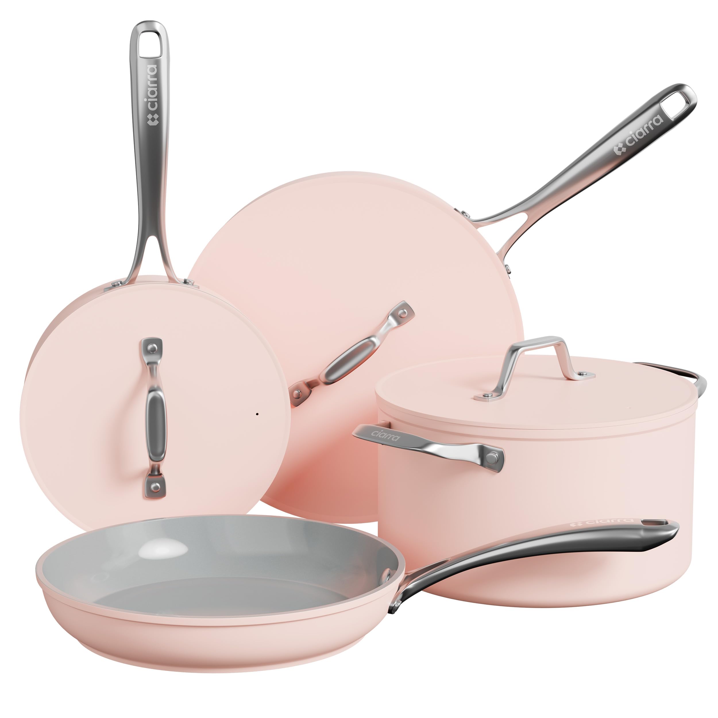 Ciarra Pink Beyond Cookware Set Nonstick Induction Hob Pots And Pans Set With Lids With 24Cm Dutch Oven, 26Cm Frying Pan, 28Cm Saute Pan, 20Cm Saucepan