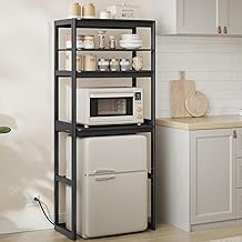 SONGMICS HOME Kitchen Bakers Rack with Power Outlet, 4-Tier Coffee Bar Table with Adjustable Shelf, Mini Fridge Shelf, Microwave Stand, 15.7 x 23.6 x 66.9 Inches, Ink Black UKKS043B01